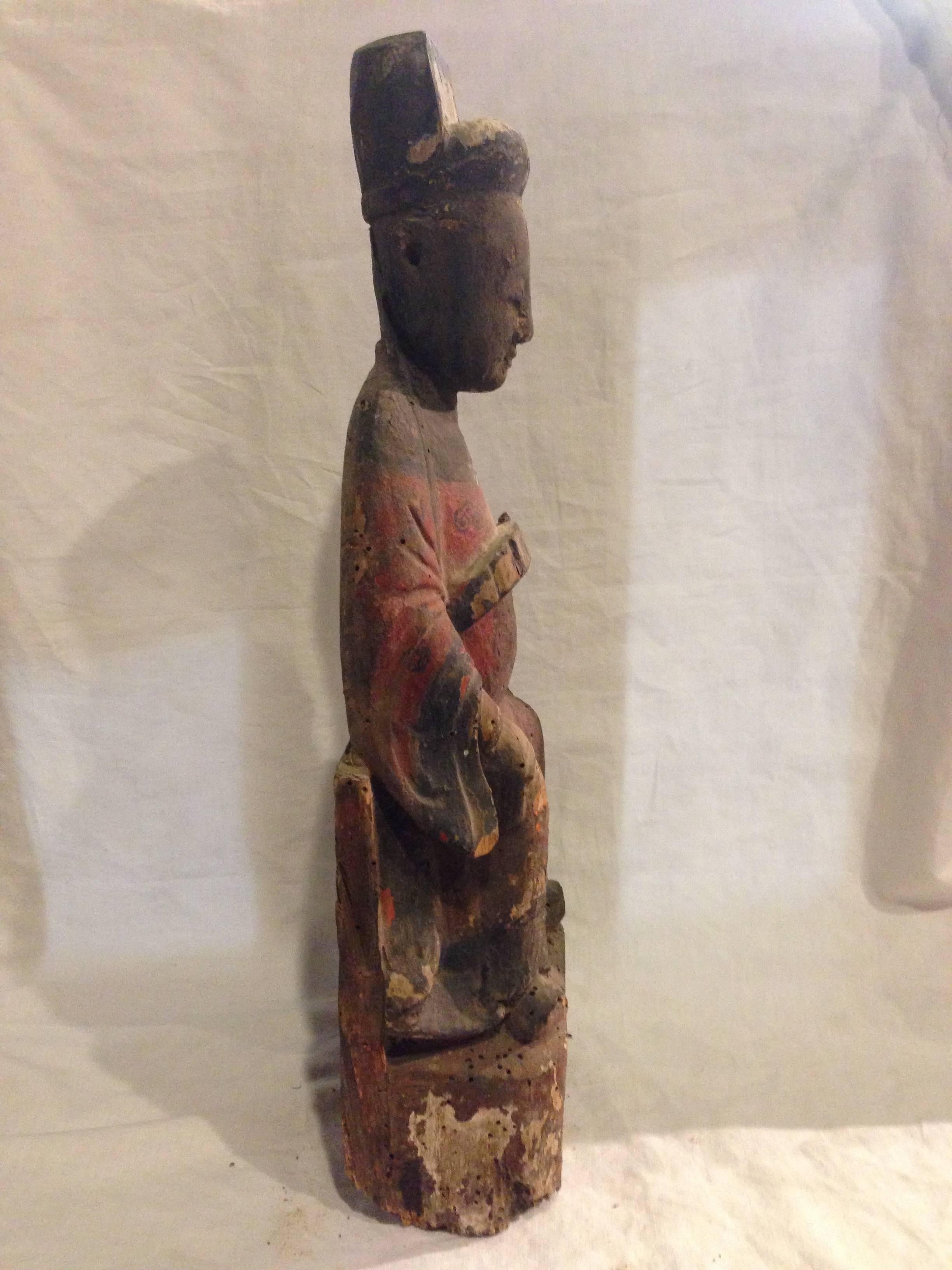All original statue depicts an Imperial Ming Official. Beautiful contrasting colors of black and red. He has his hand on the waist band, a sign of important imperial position. Wonderful facial features reflect carver's great skill and respectful