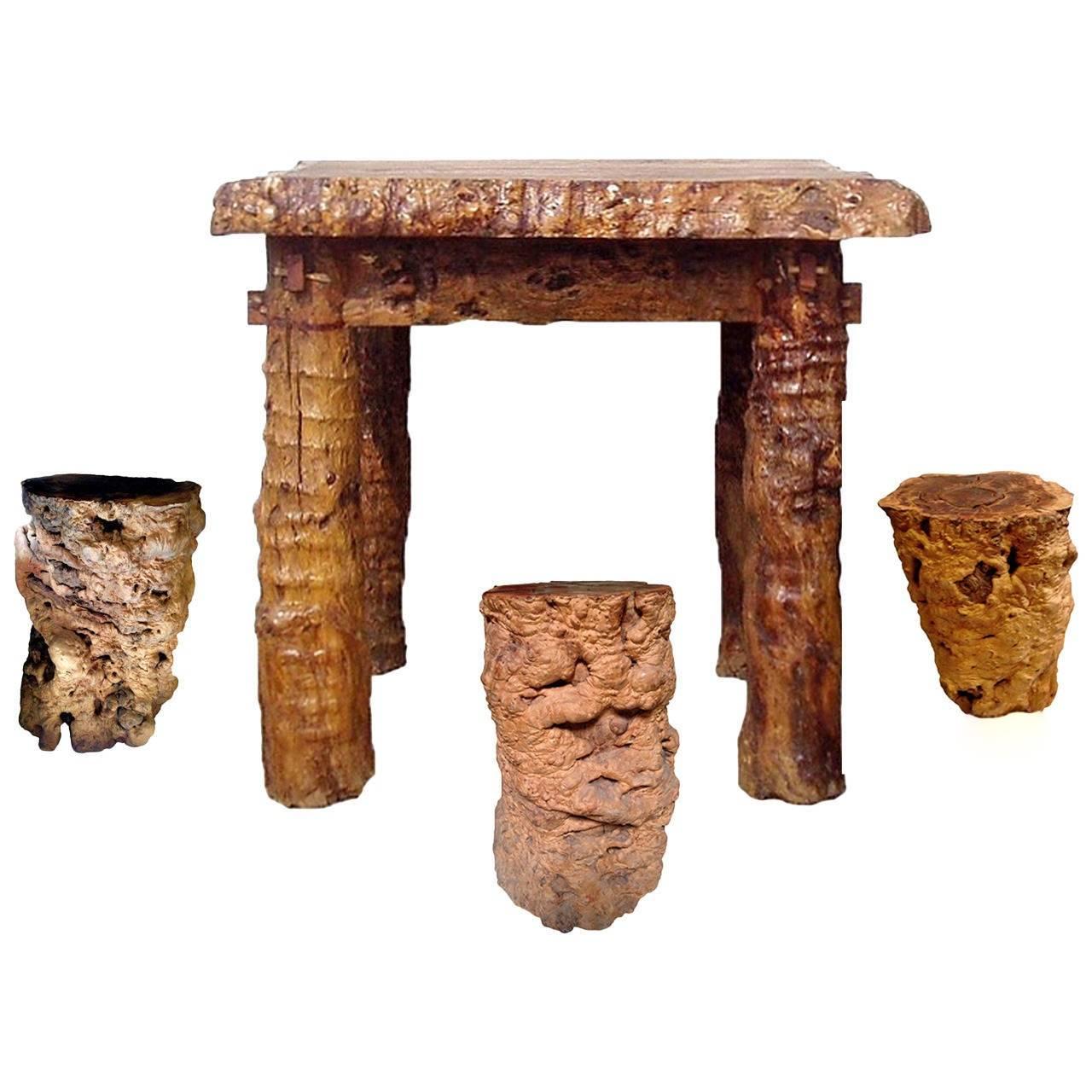 Rustic Log Country Table with Stools, Burl Jujube Solid Wood Table Set of Four