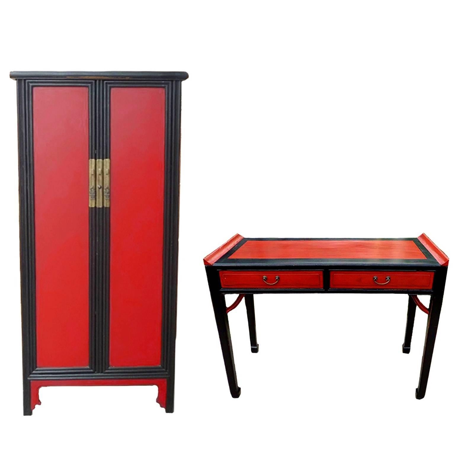 Asian Red and Black Cabinet and Desk Suite of Two