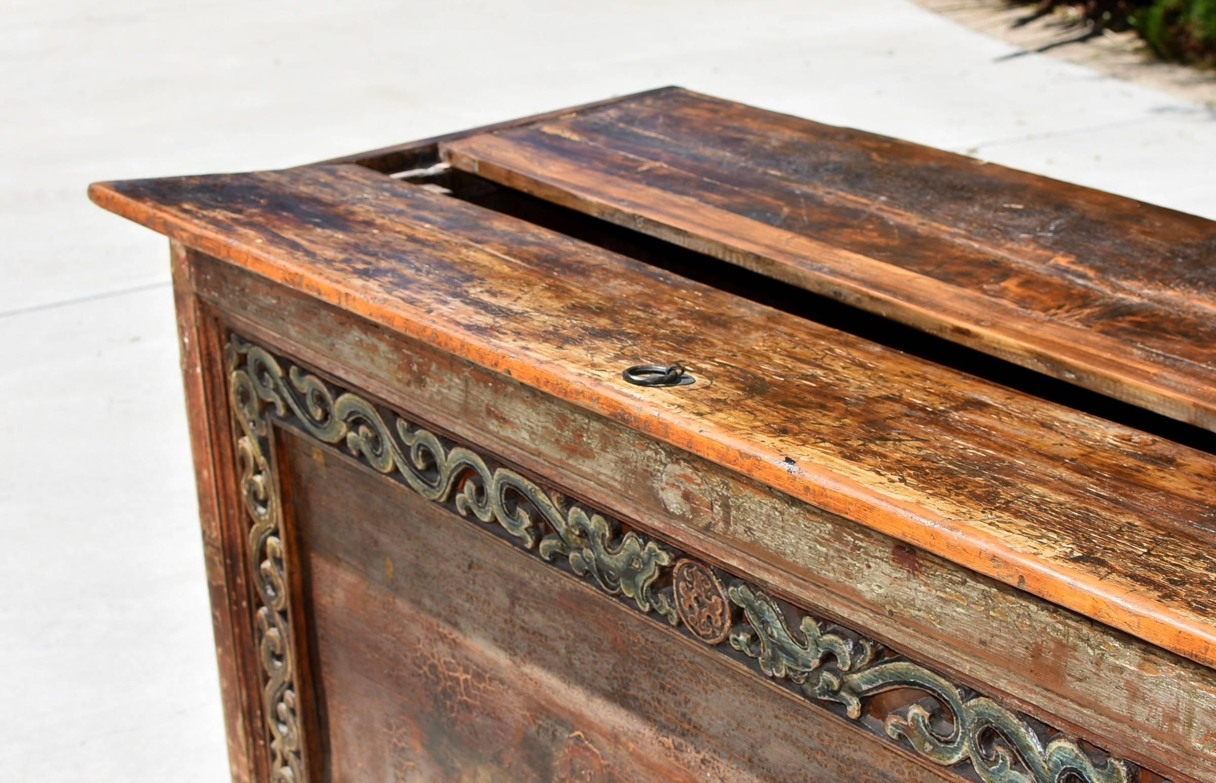 Wood Original Early 19th Century Mongolian Chest with Painted Foo Dogs For Sale