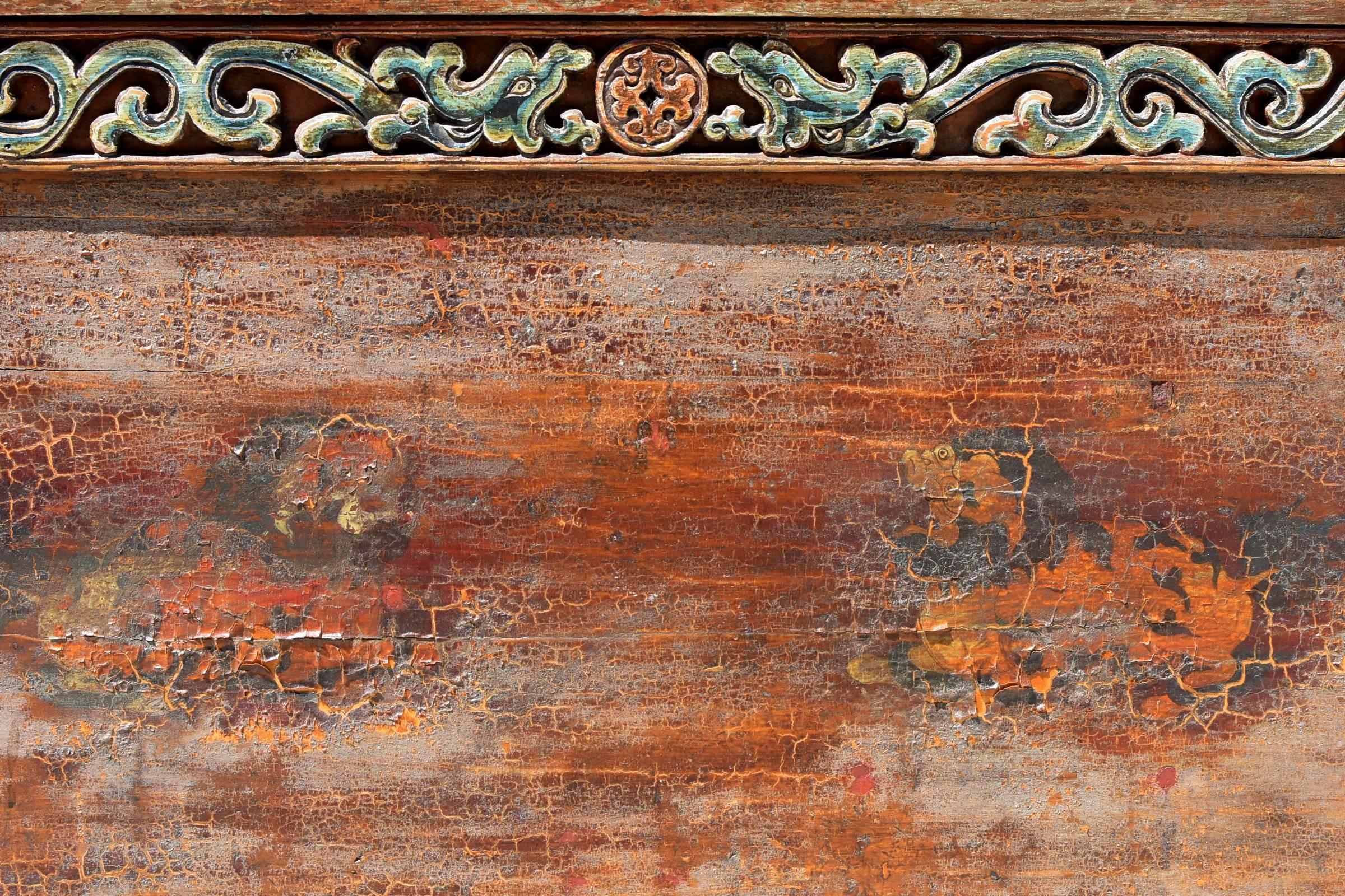 Original Early 19th Century Mongolian Chest with Painted Foo Dogs For Sale 2