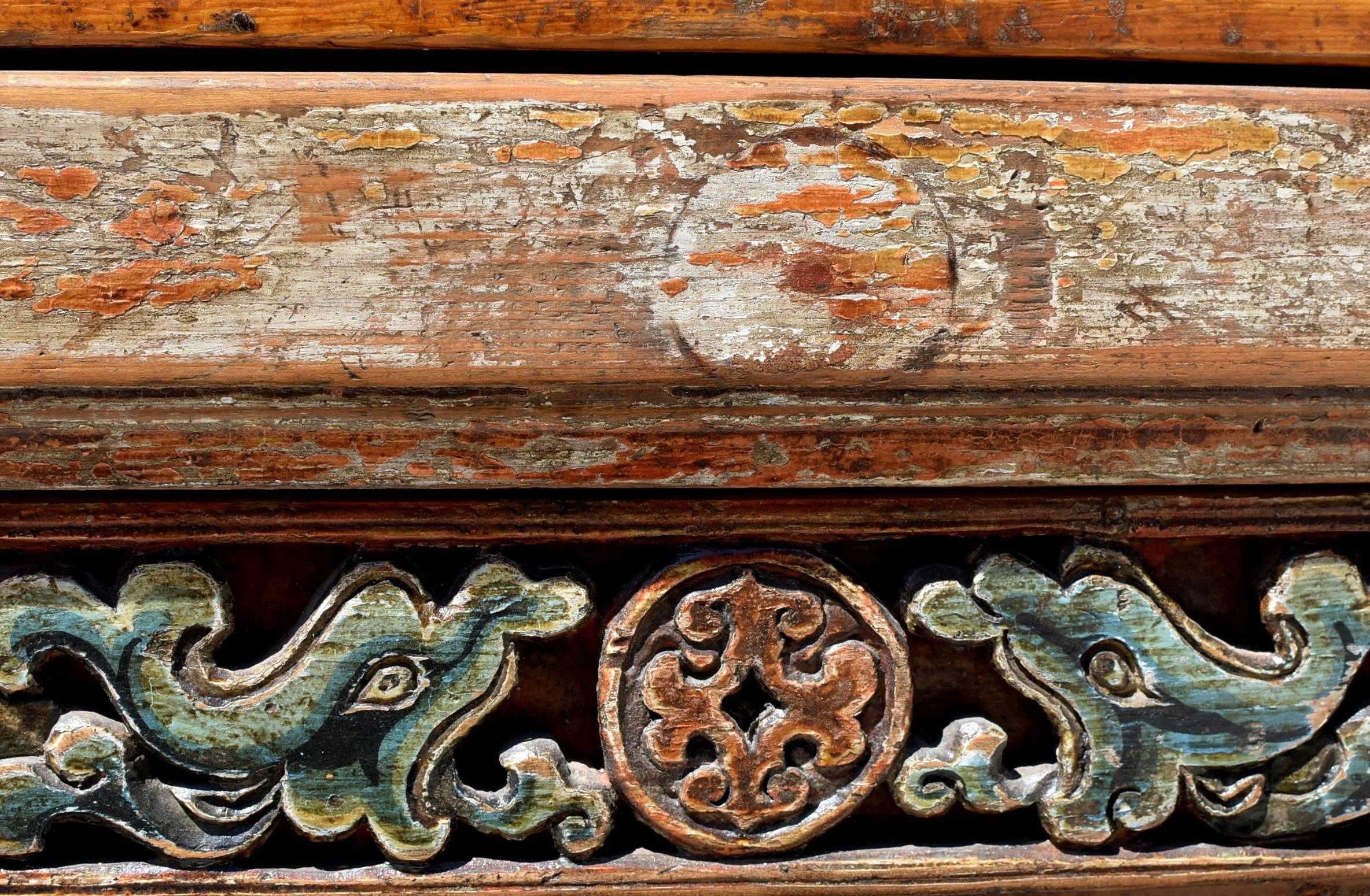 Original Early 19th Century Mongolian Chest with Painted Foo Dogs For Sale 4