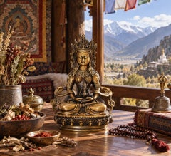 Tibetan Medicine Buddha Sculpture, Bronze, 20th Century, Lotus Throne