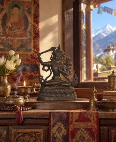Tibetischer Buddha-Manjushree aus Bronze mit Schwert der Weisheit