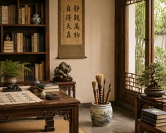 Monumental Chinese Calligraphy Brush, 37" Oversize, Hand Crafted, Marble Rings