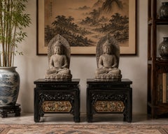Pair Black Lacquered Fully Carved Low Tables