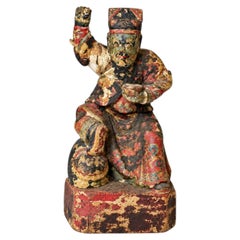 18th Century Chinese Guardian God Figure Sculpture Hand Carved Wood Polychrome