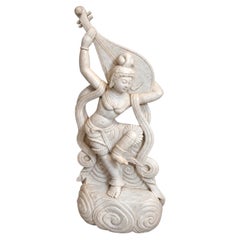 Antique Hand Carved Chinese Marble Sculpture of Celestial Musician Dun Huang