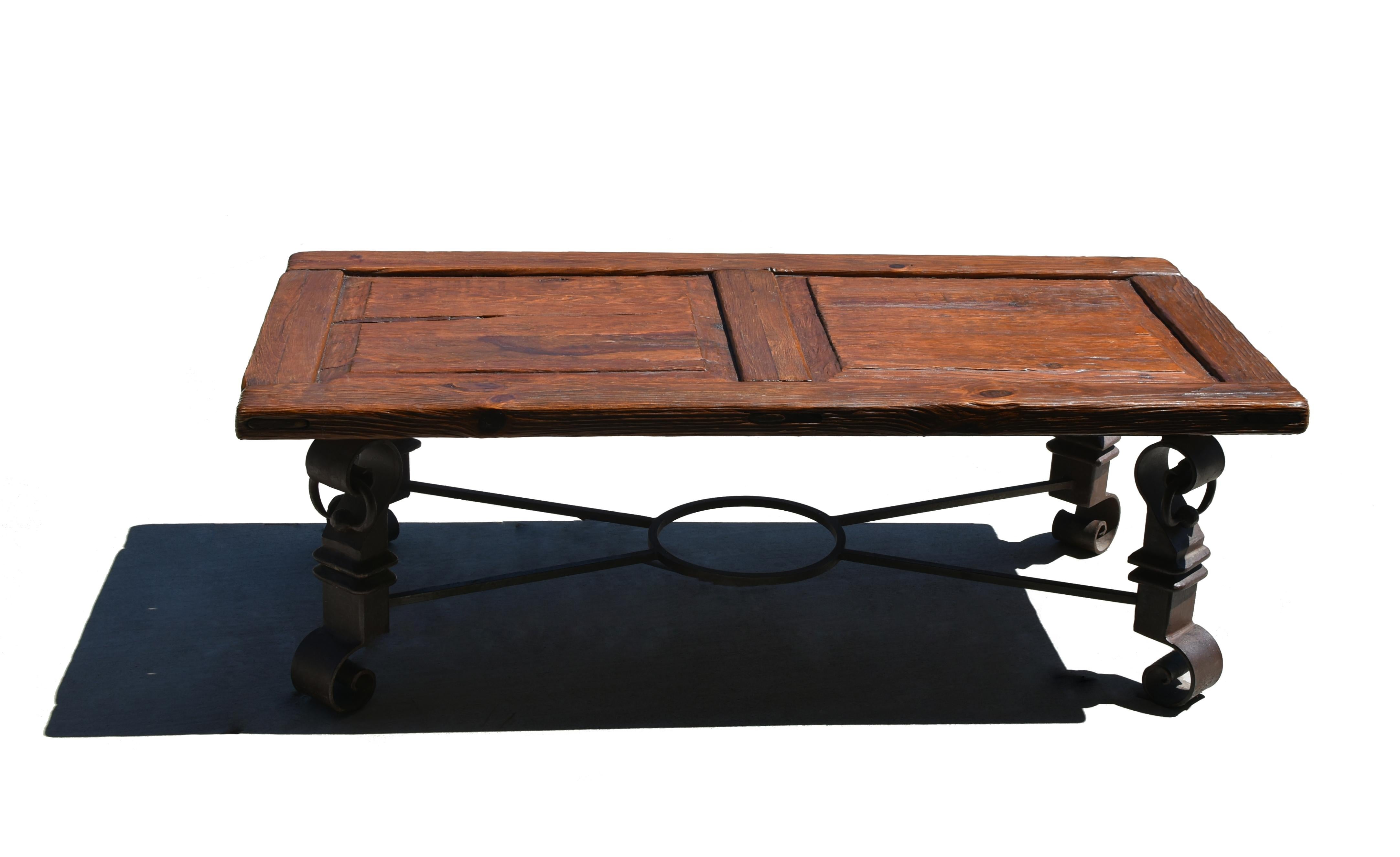 Hand-Crafted Spanish Colonial Coffee Table with Wrought Iron Base For Sale