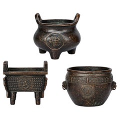 Bronze Chinese Mini Censer Set of Three Incense Burners