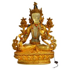 Natural Rock Crystal White Tara Gilt Bronze Statue Tibetan Authenticity Seal