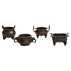 Antique Bronze Chinese Mini Censer Set of Four Incense Burners Solid Heavy