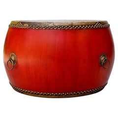 Monumental Antique 48" Red Lacquered Drum Round Table Leather Ceremonial Chinese