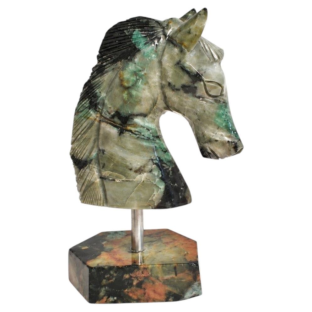 Gemstone Emerald Horse Head Bust Sculpture Hand Carved Olive Black