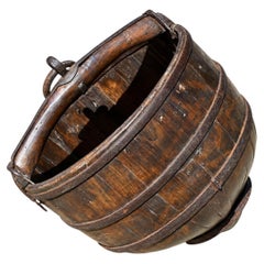 Giant Wooden Well Bucket with Iron Bands, 19th Century Rustic Firewood Holder