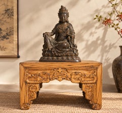 Chinese Elmwood Low Table Stool with Hand-Carved Dragon Scrolls Natural Finish