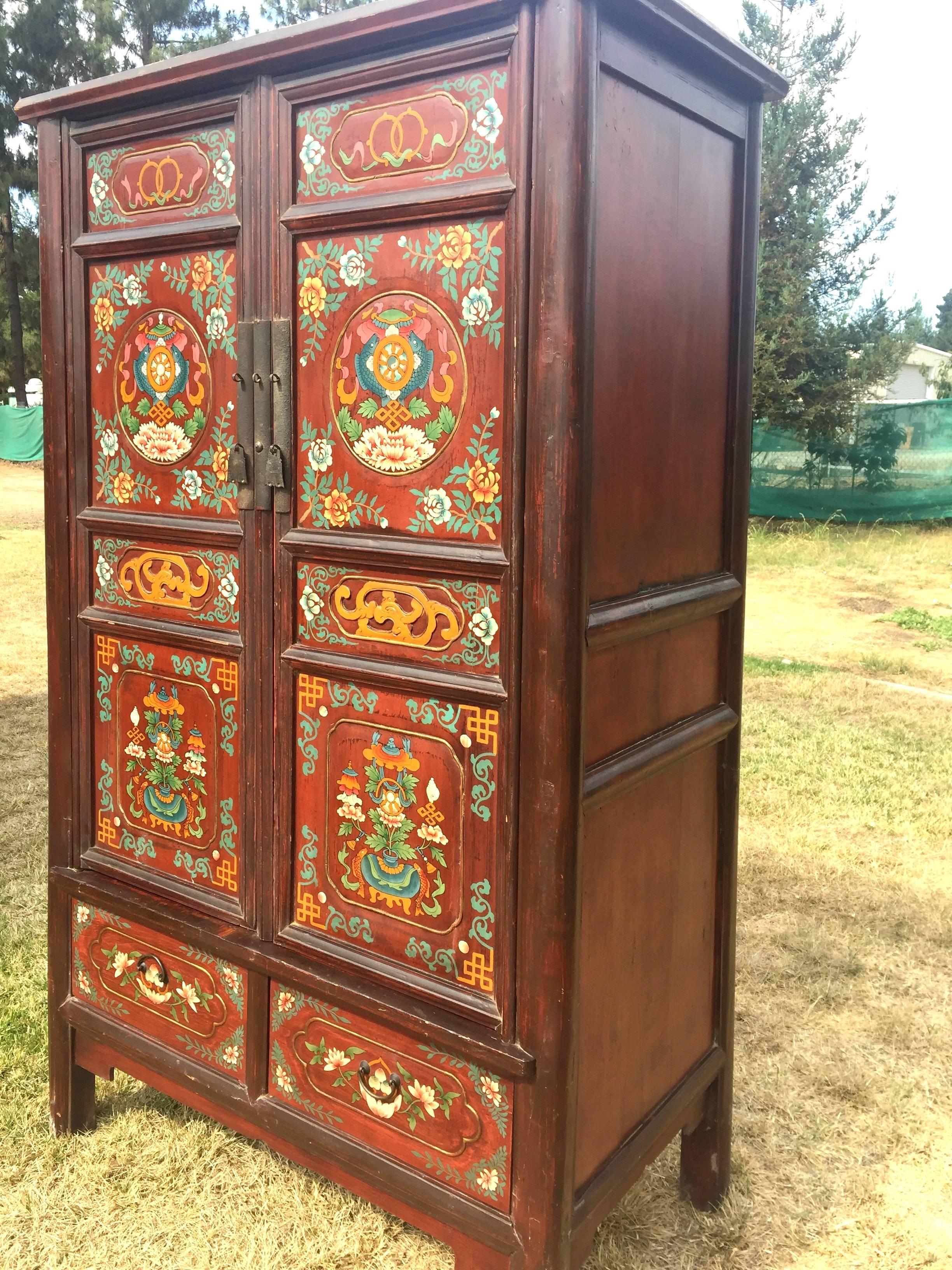 Hand-Painted Large Antique Tibetan Cabinet
