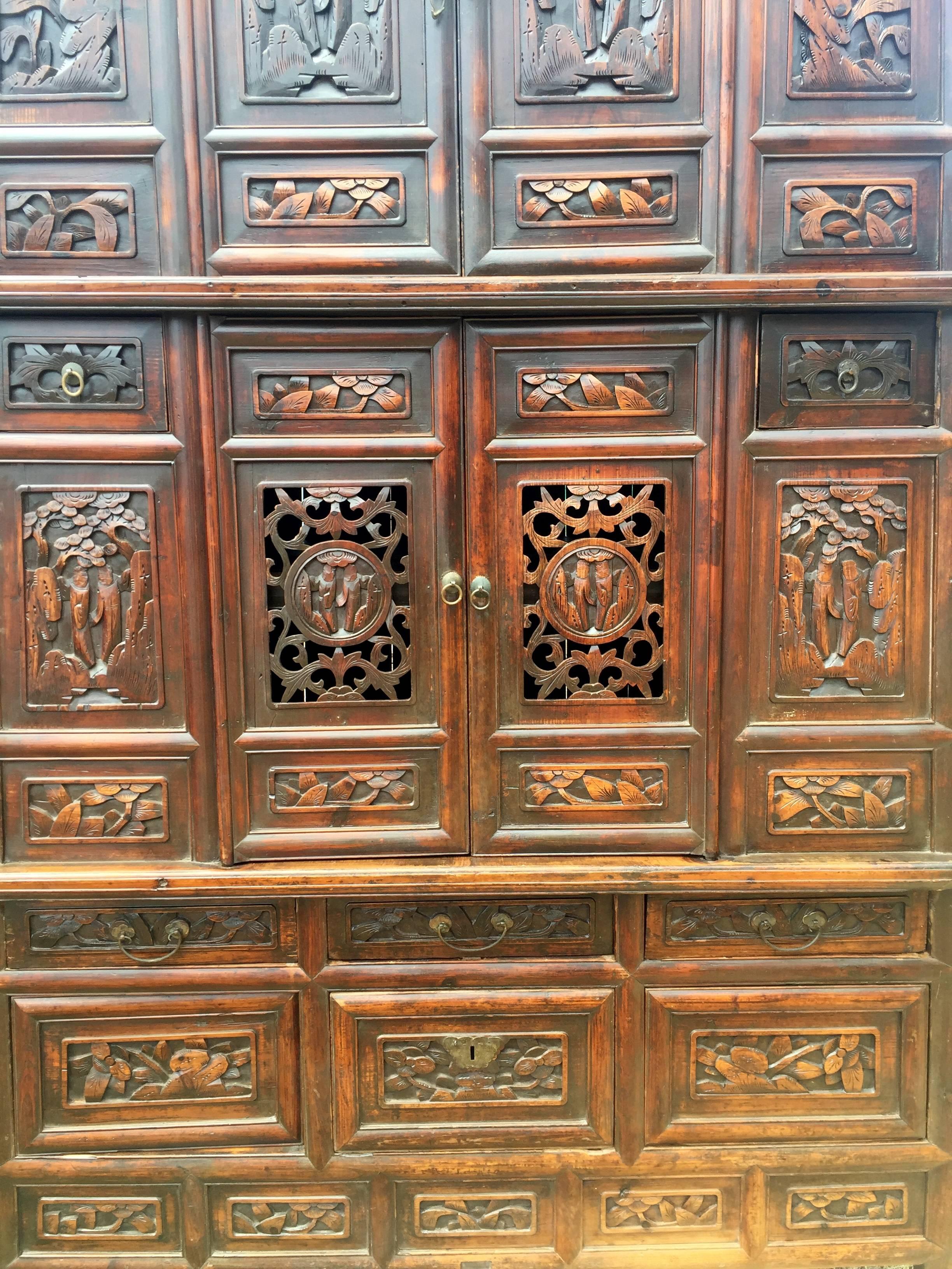 Monumental 8 Feet Tall Chinese Antique Cabinet Fully Carved In Good Condition In Somis, CA