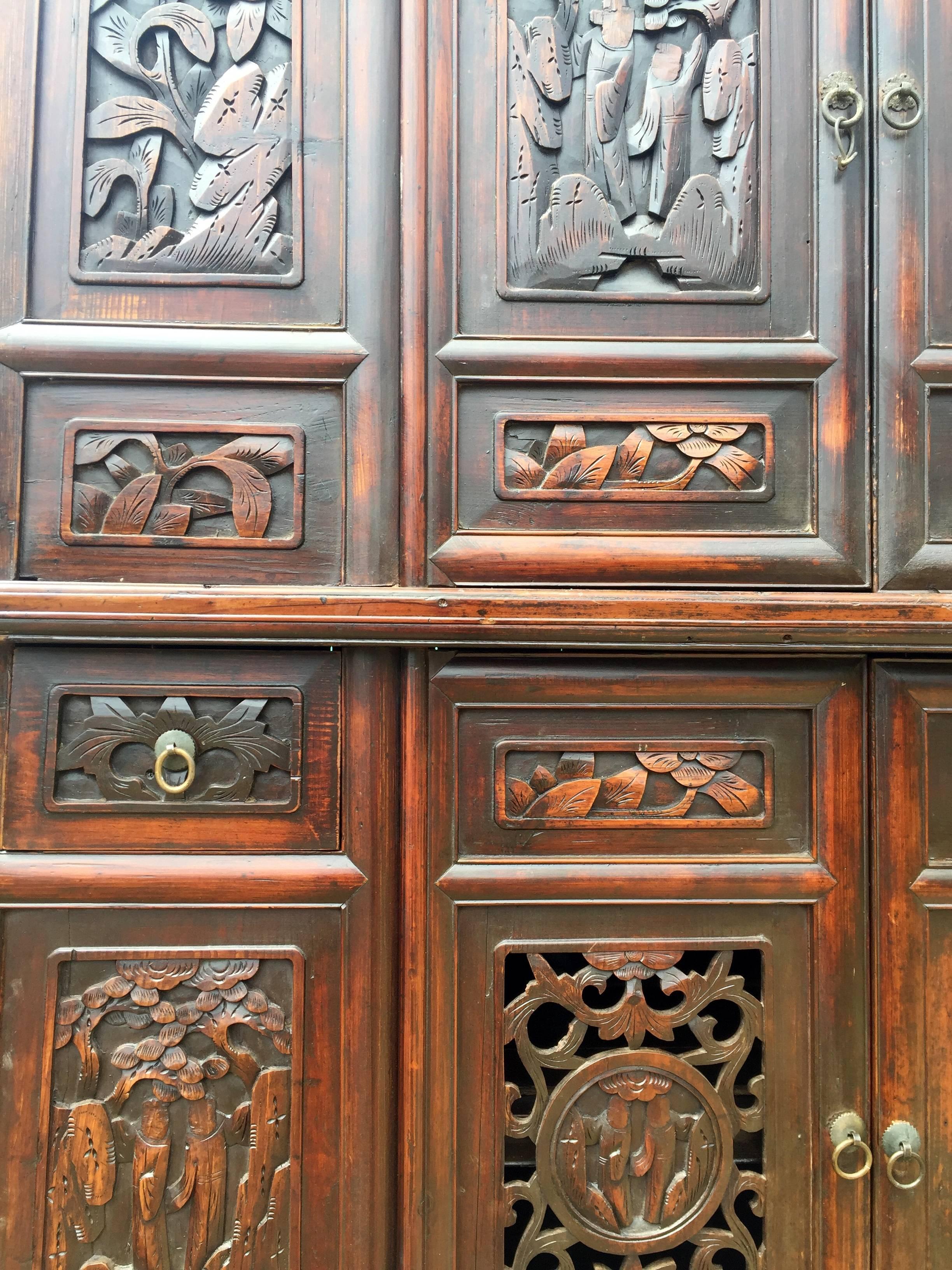 Monumental 8 Feet Tall Chinese Antique Cabinet Fully Carved 2