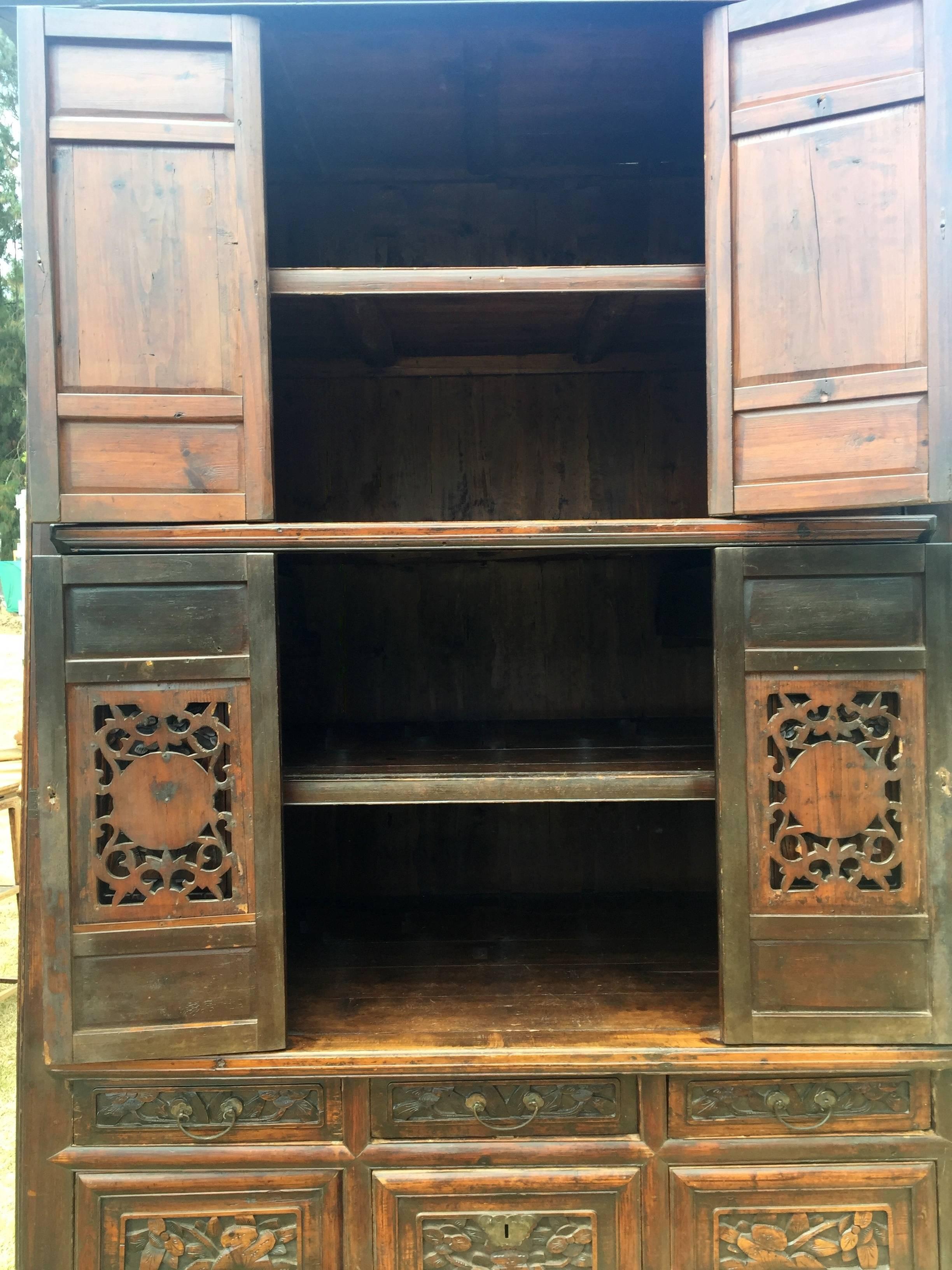 Monumental 8 Feet Tall Chinese Antique Cabinet Fully Carved 3