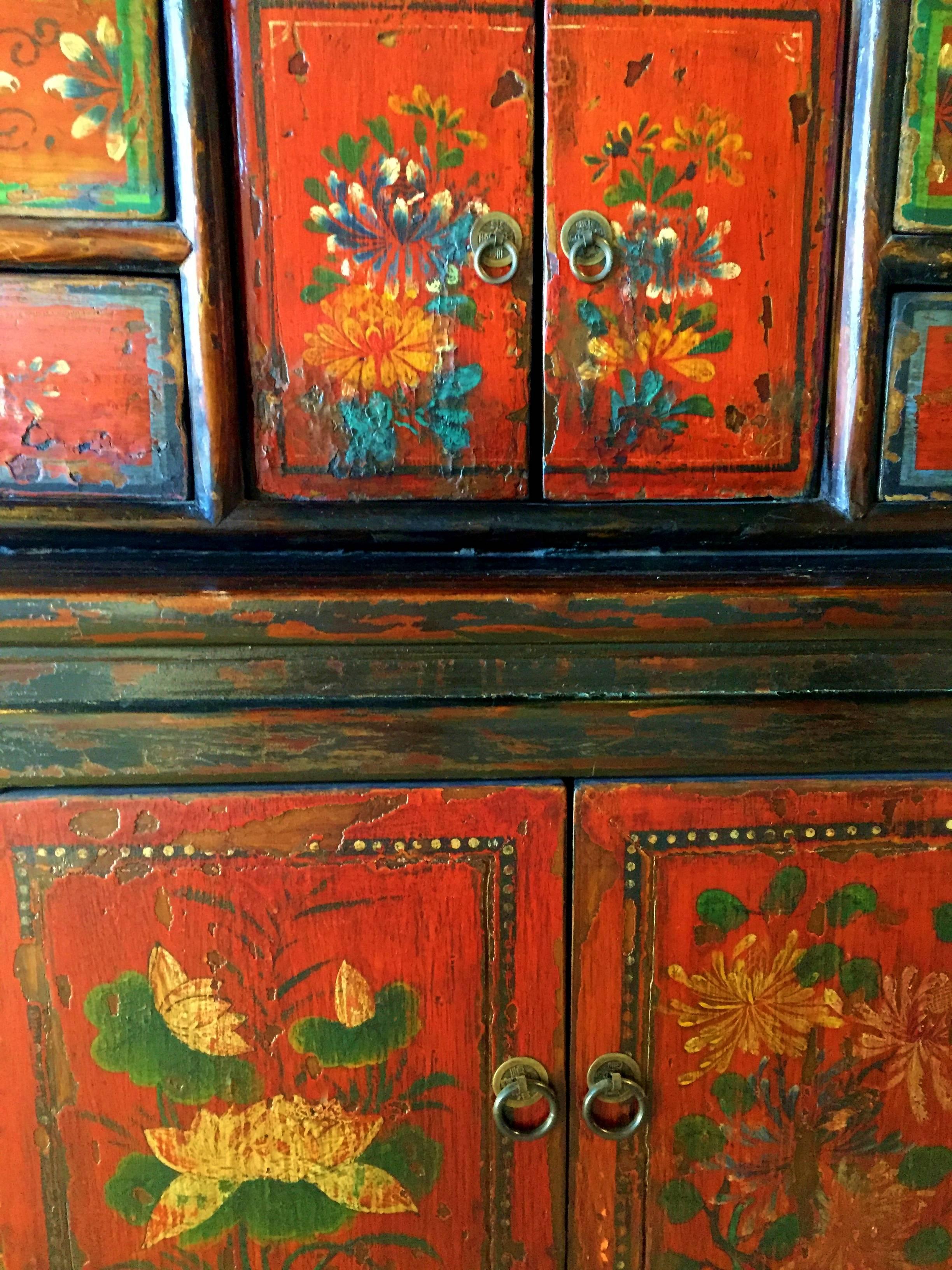 Wood Antique Tibetan Cupboard, Hand-Painted Chest, Large, 19th Century