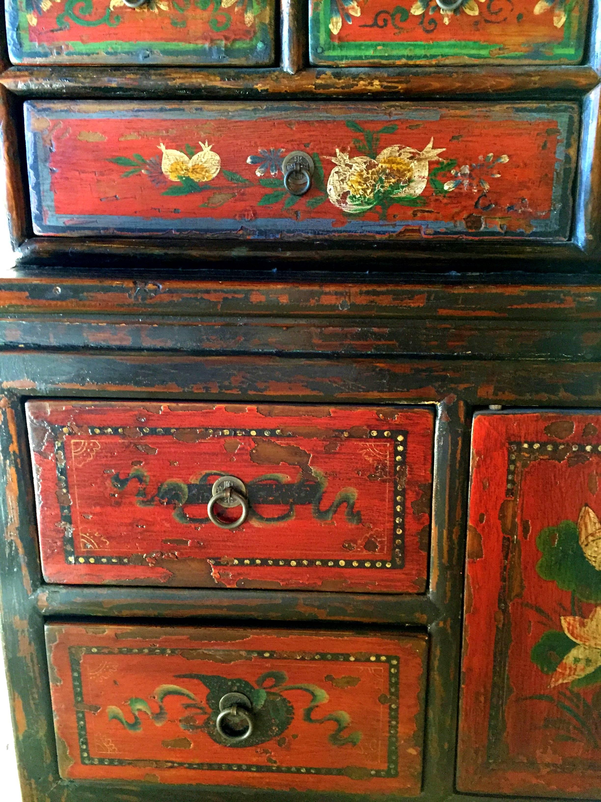 Antique Tibetan Cupboard, Hand-Painted Chest, Large, 19th Century 1