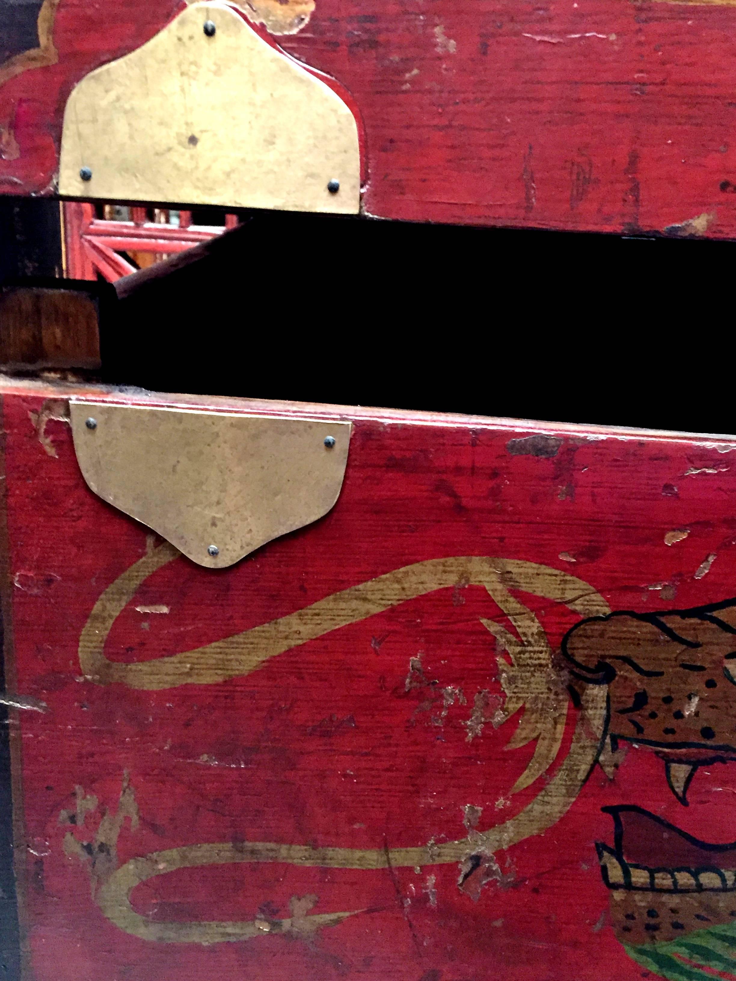 19th Century Tibetan Trunk, Blanket Chest, with Hand-Painted Qi Lin 4