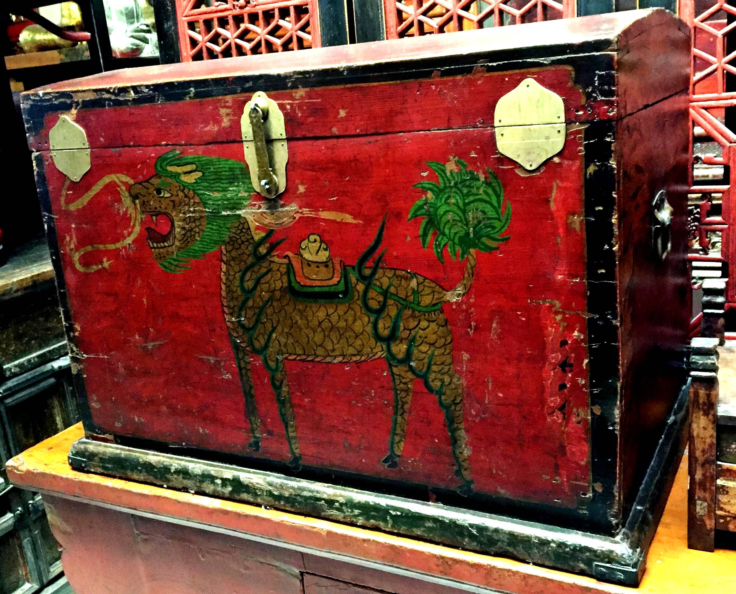 19th Century Tibetan Trunk, Blanket Chest, with Hand-Painted Qi Lin 1