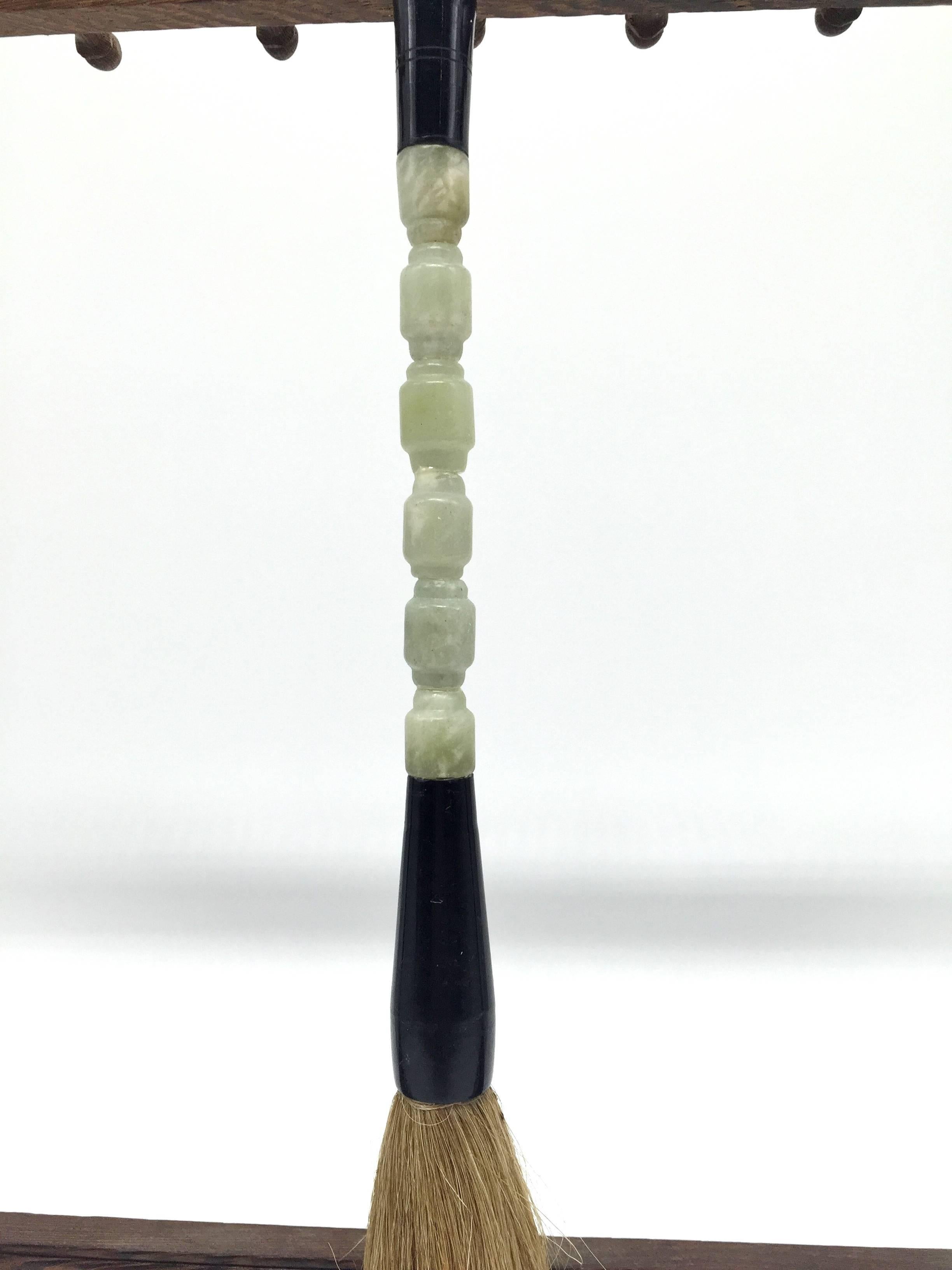 Chinese Jade Calligraphy Brush and Stand Set of Five In Excellent Condition In Somis, CA