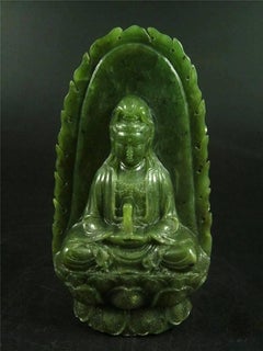 Jade Buddha, Kwan Yin, Nephrite Spinach Jade, Hand-Carved