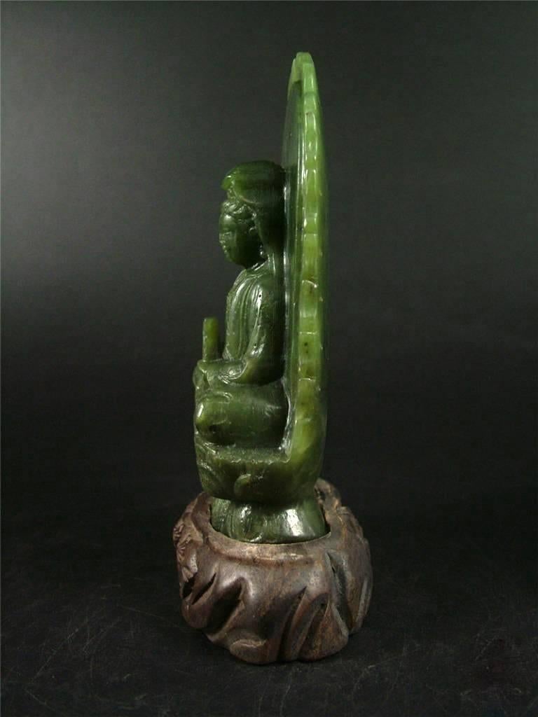 Jade Buddha, Kwan Yin, Nephrite Spinach Jade, Hand-Carved In Excellent Condition In Somis, CA