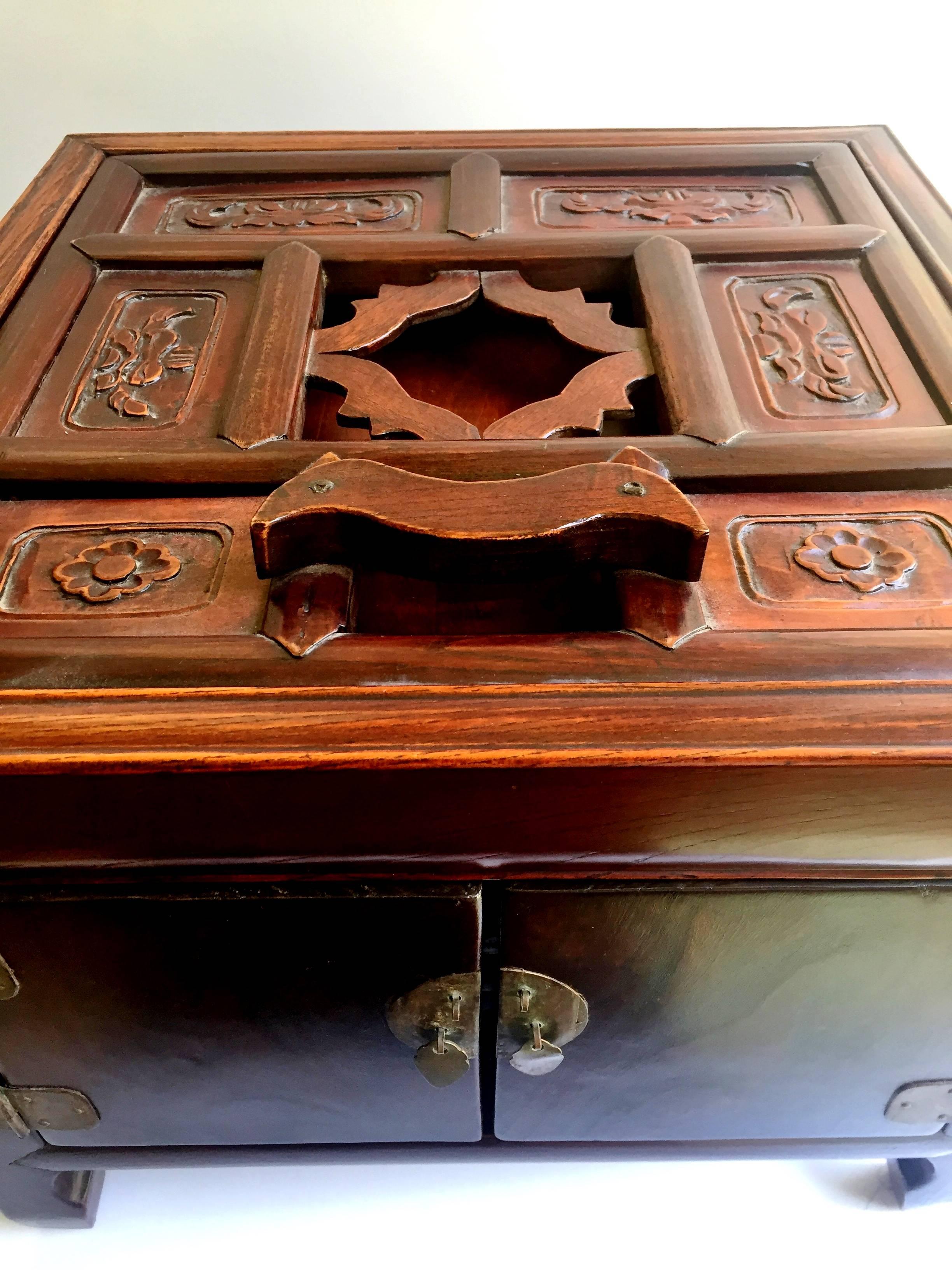 Chinese Antique Asian Jewelry Box, Makeup Box, Solid Elm Wood, Convertible