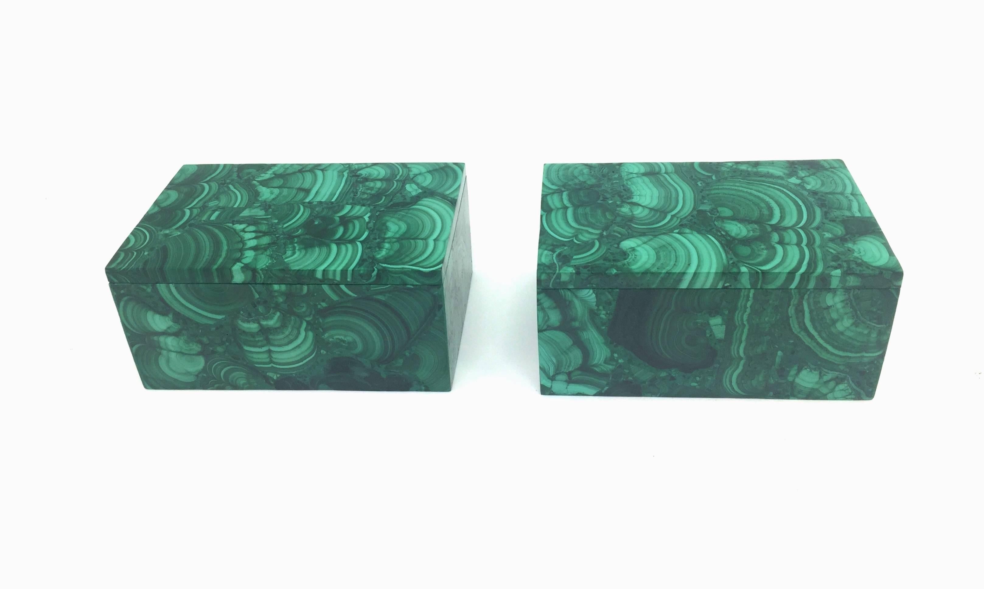 This pair of extraordinary box is made with the most beautiful malachite. All natural with splendid swirls and patterns, these remarkable pieces are sophisticated additions to your home.

Malachite is a stone of transformation, helping one achieve