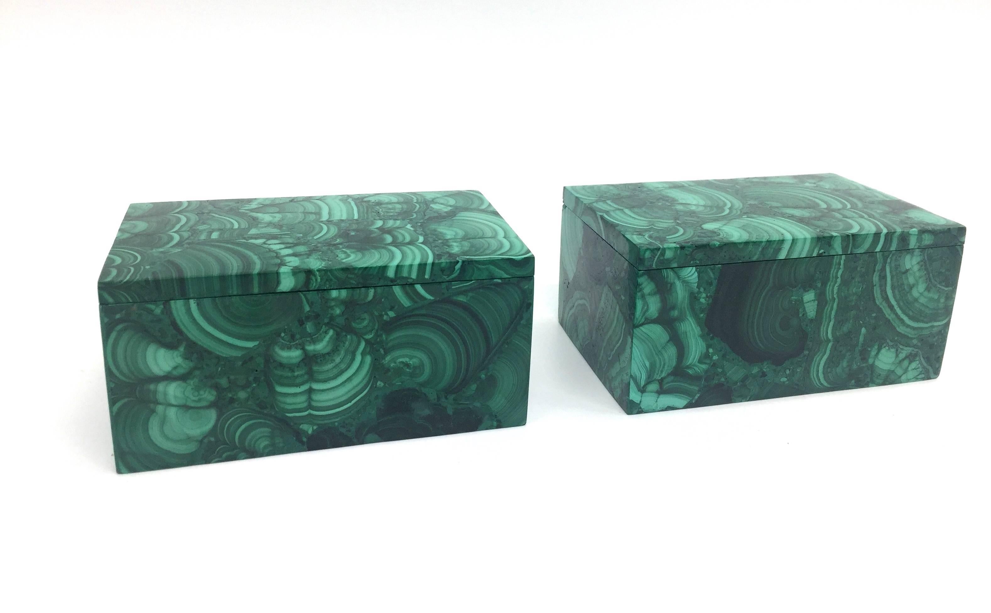 Hand-Crafted Pair of Natural Malachite Boxes, Handcrafted Jewelry Boxes