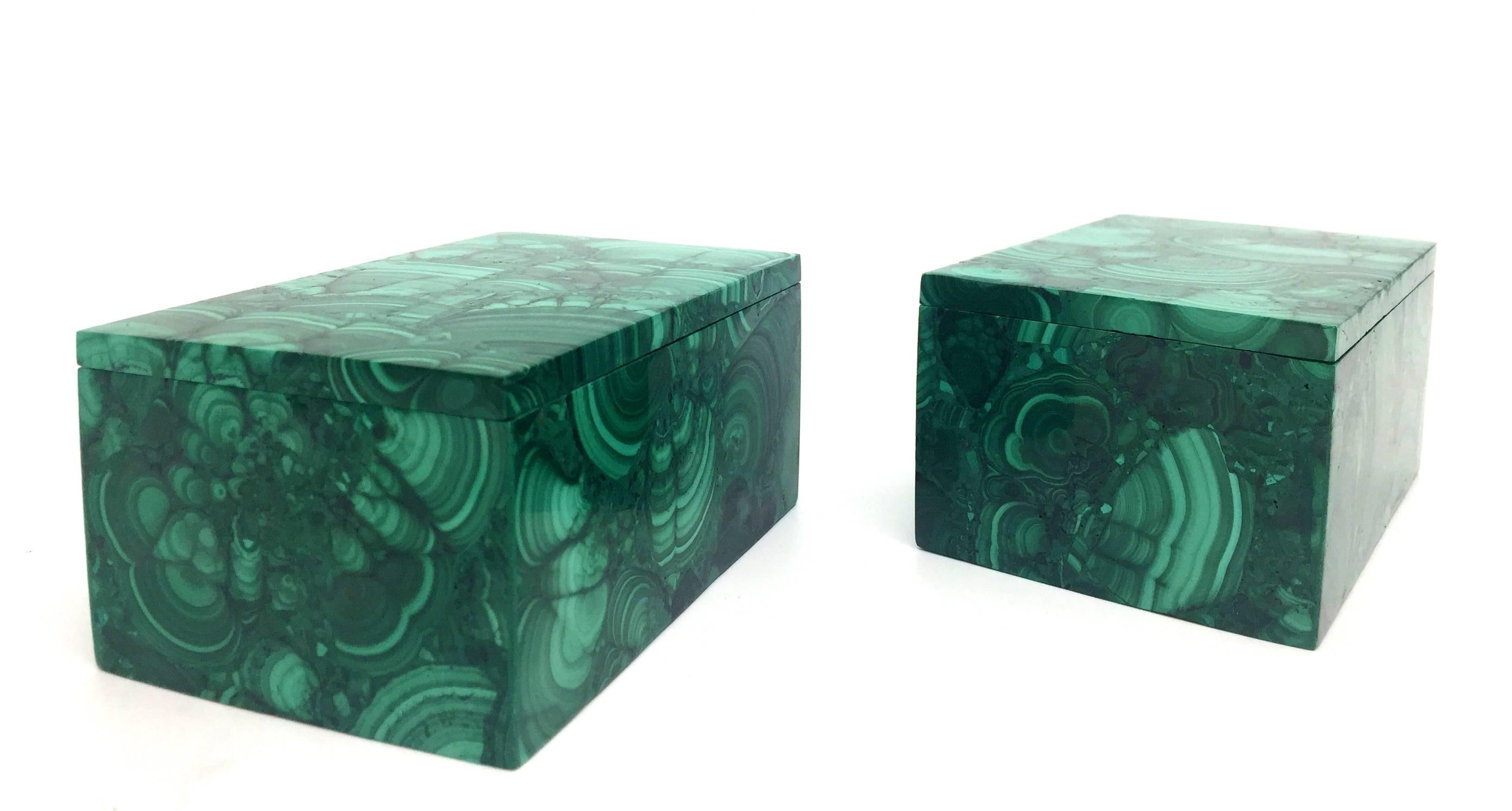 Contemporary Pair of Natural Malachite Boxes, Handcrafted Jewelry Boxes