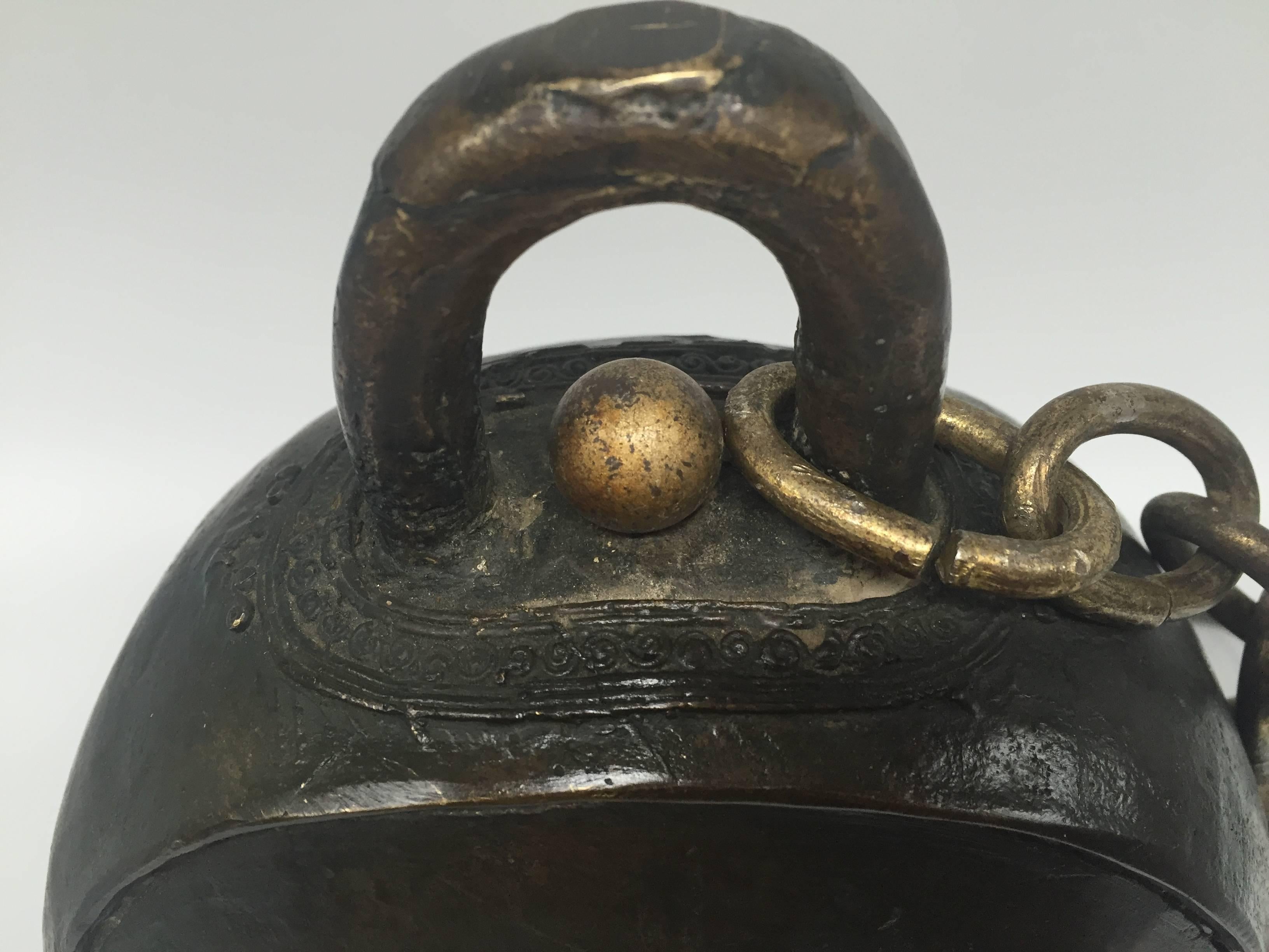 Bronze Antique Tibetan Temple Bell Substantial In Good Condition In Somis, CA
