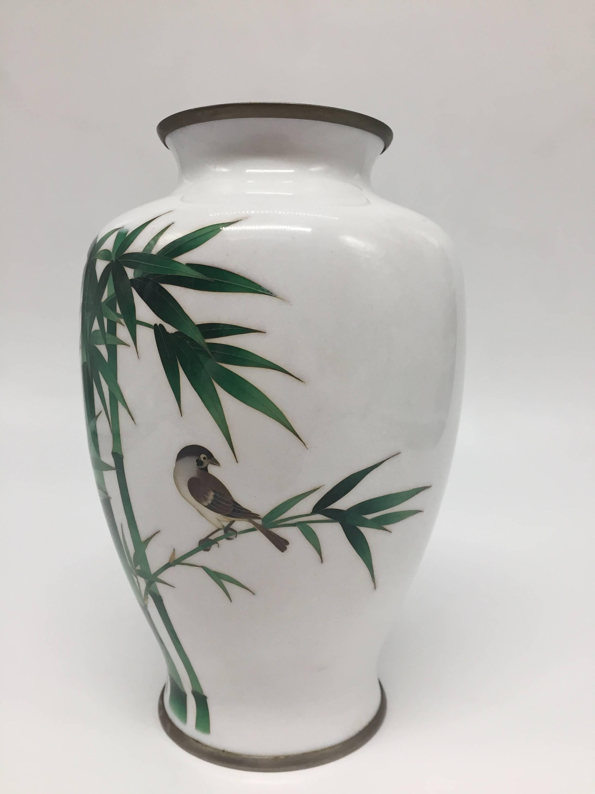 Meiji Ando Jubei Cloisonne Vase, Signed, Japanese Cloisonne, Bamboo and Bird