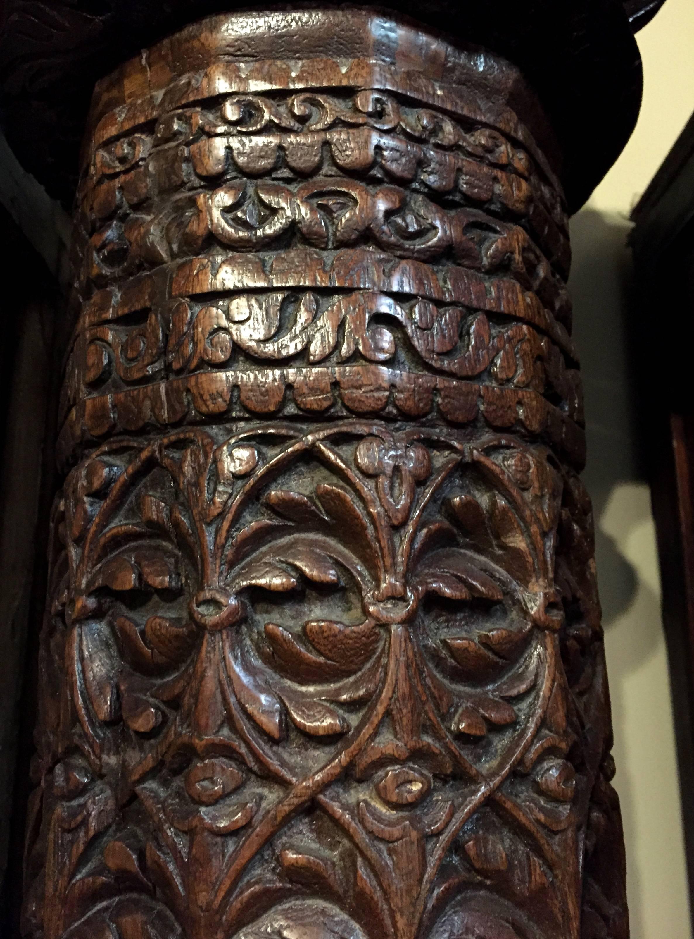 Hand-Carved British Colonial Carved Teak Column with Granite Base For Sale