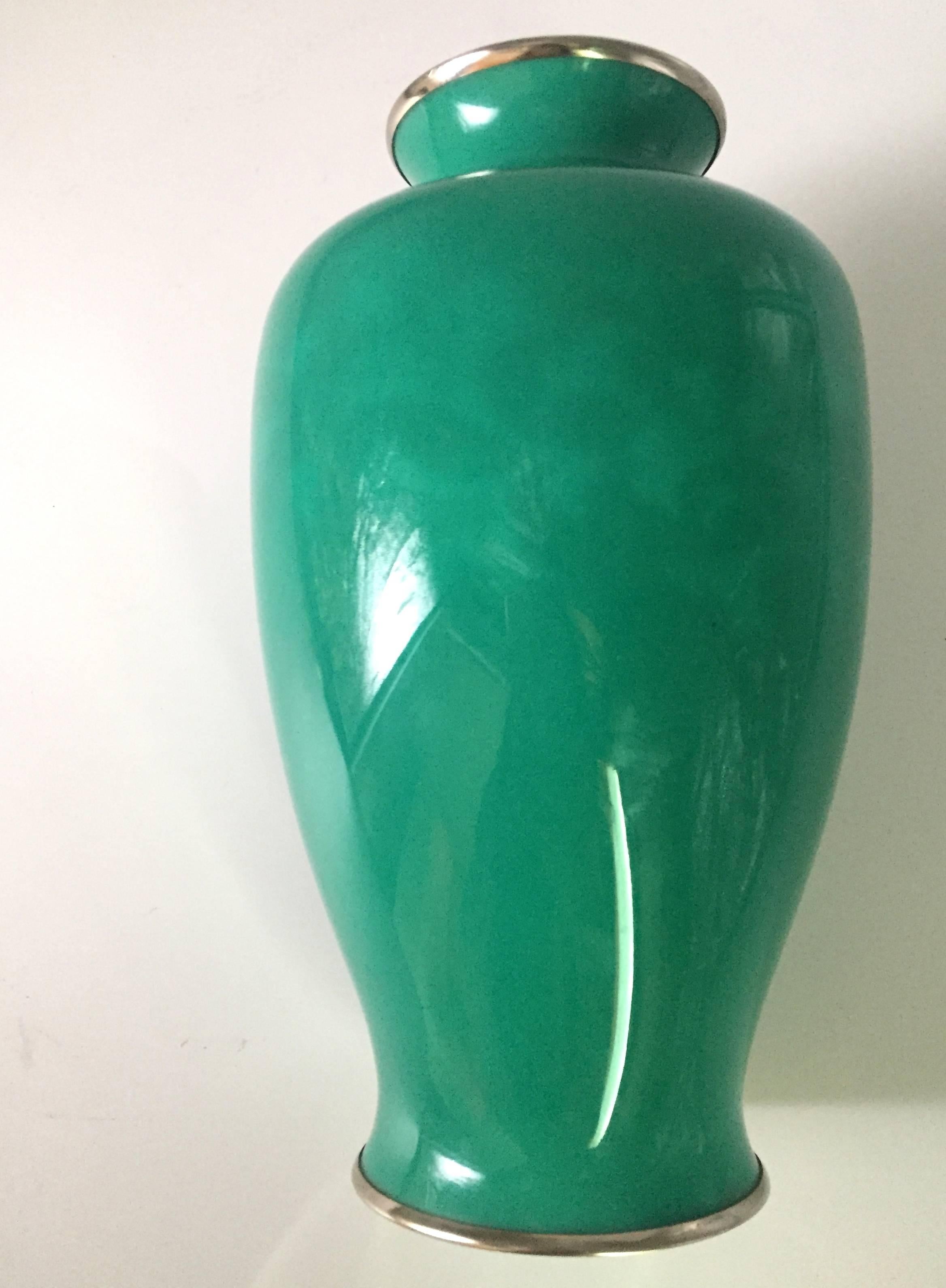 Japanese Ando Jubei Green Celadon Wireless Cloisonné Vase, Signed, Vase 1