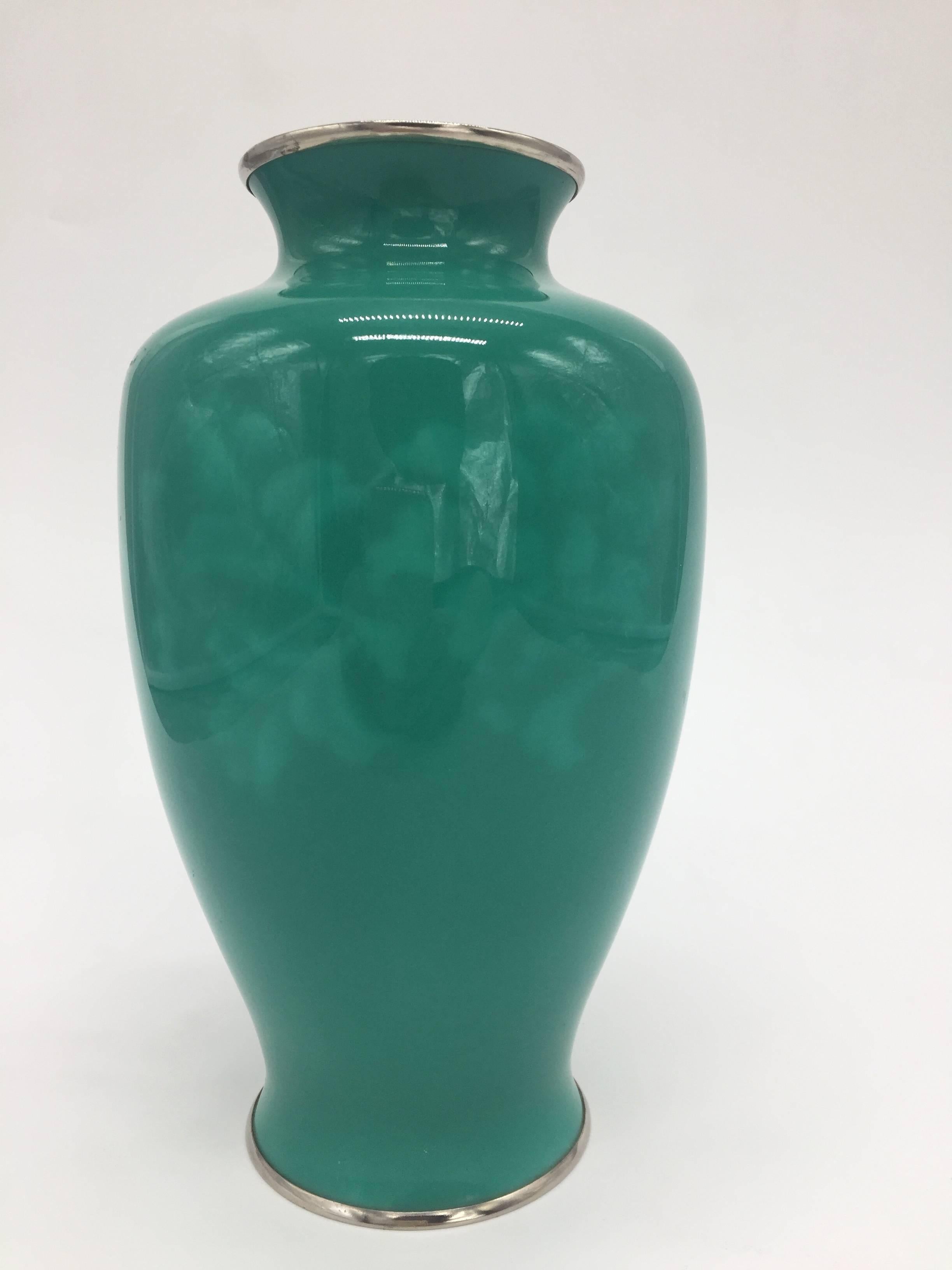 Metal Ando Jubei Green Celadon Wireless Cloisonné Vase, Signed, Vase 1