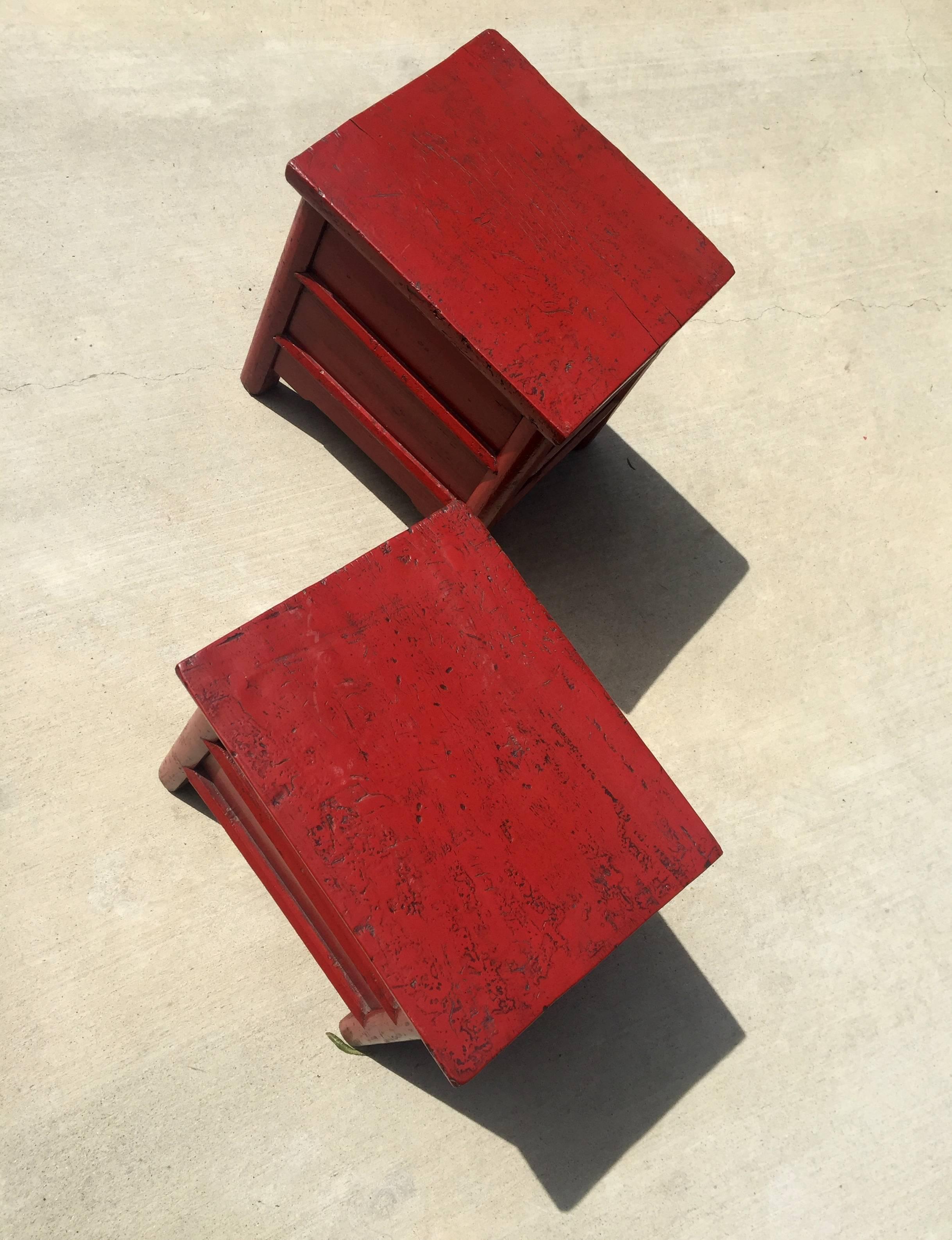 Pair of 19th Century Red Lacquer Country Stools, Chinese Antique Stools In Good Condition In Somis, CA