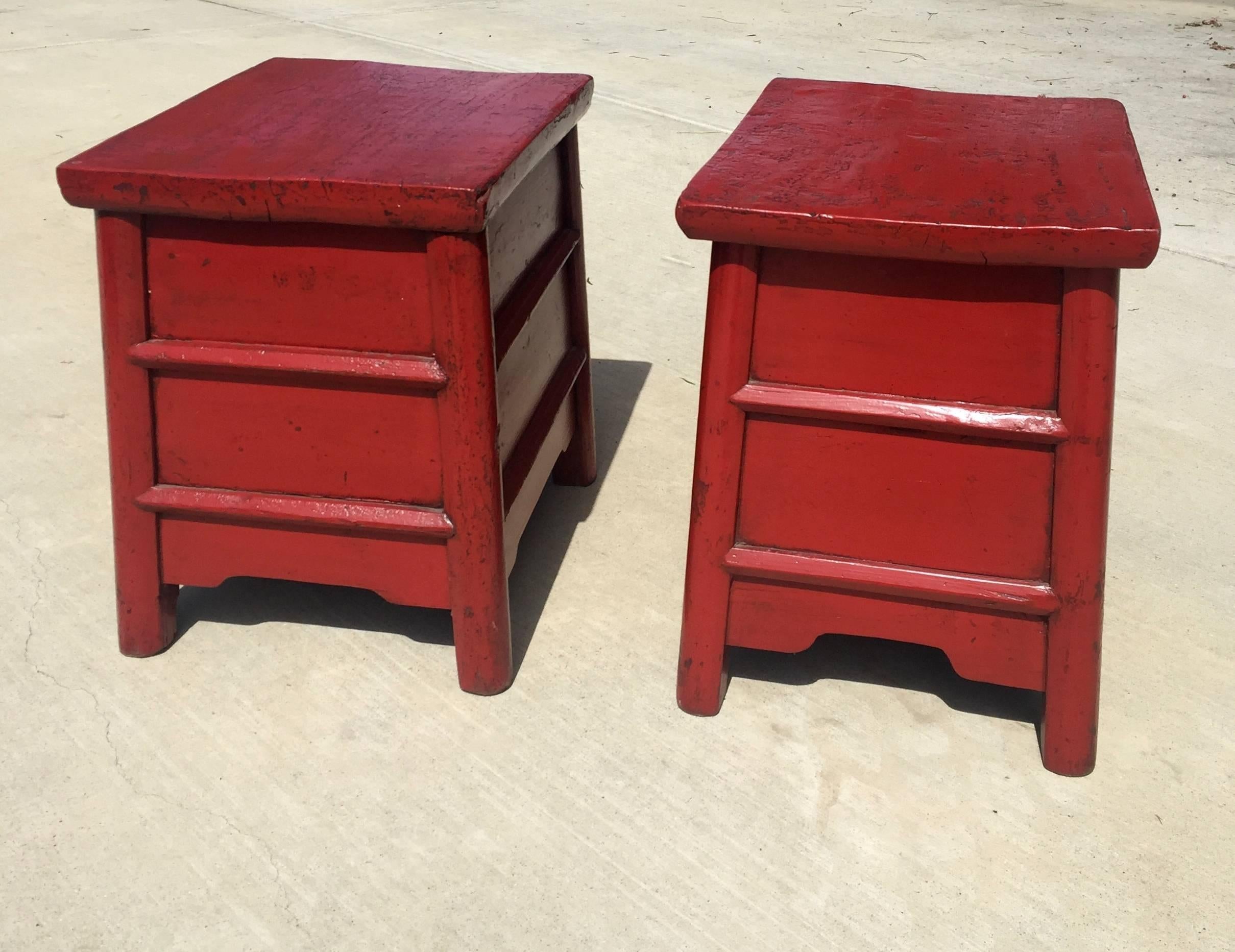 Wood Pair of 19th Century Red Lacquer Country Stools, Chinese Antique Stools