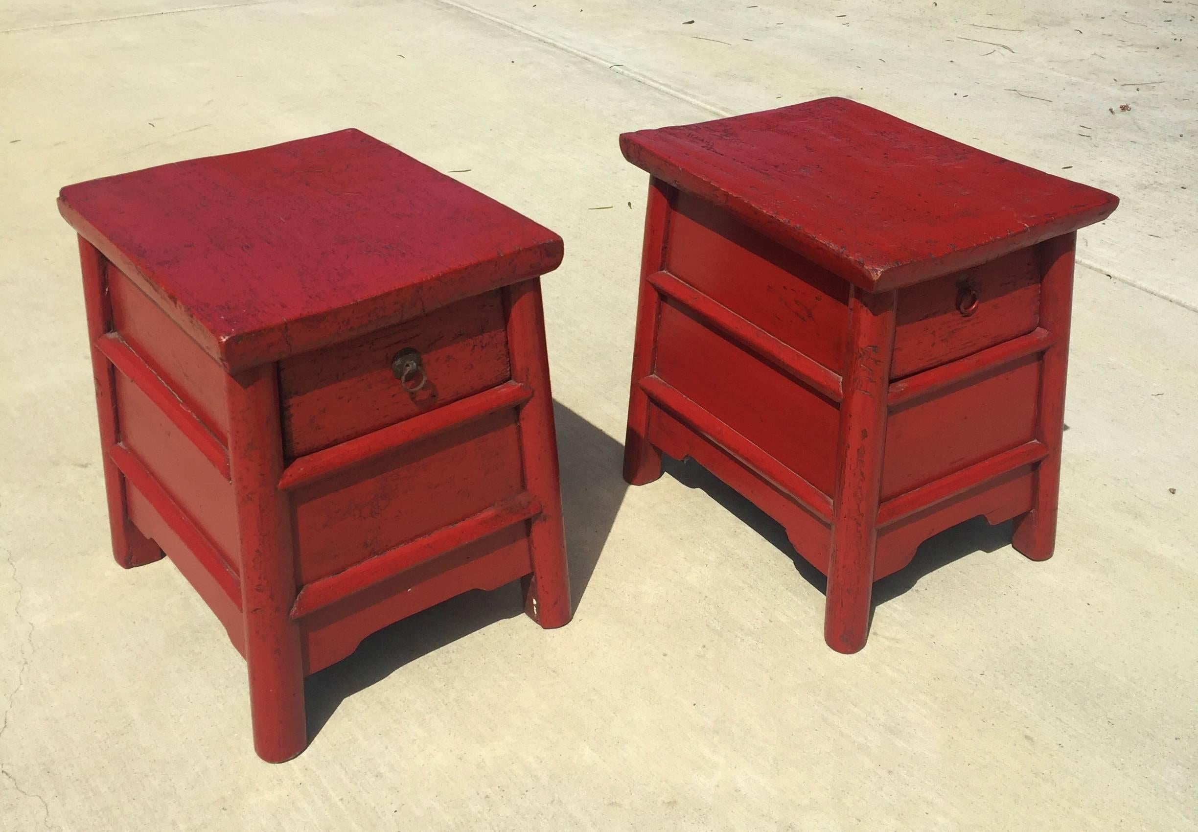 Lacquered Pair of 19th Century Red Lacquer Country Stools, Chinese Antique Stools