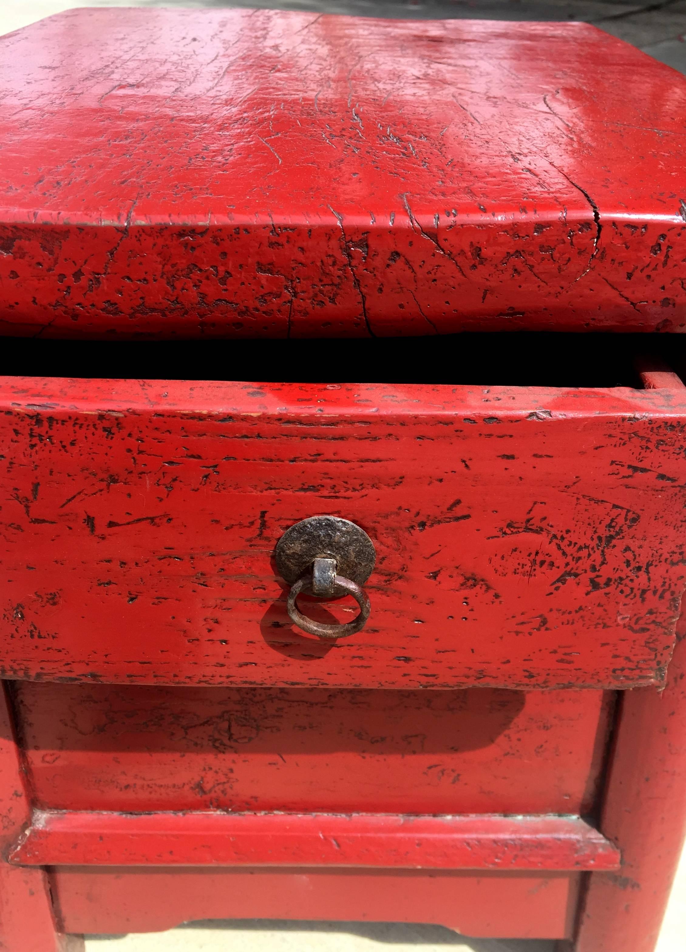 Pair of 19th Century Red Lacquer Country Stools, Chinese Antique Stools 2