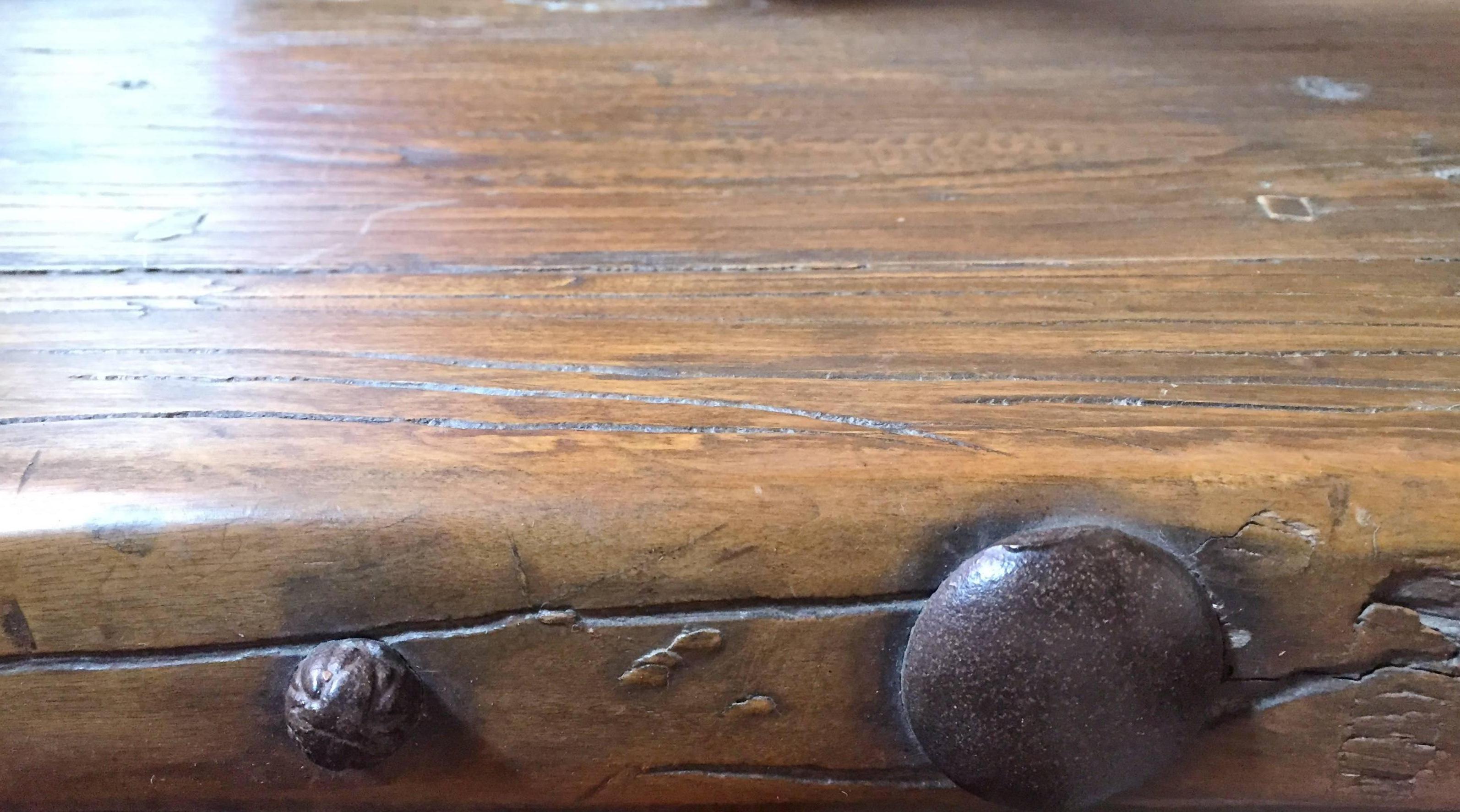 Rustic Log Bench with Iron Studs, Antique Solid Wood, Substantial 1