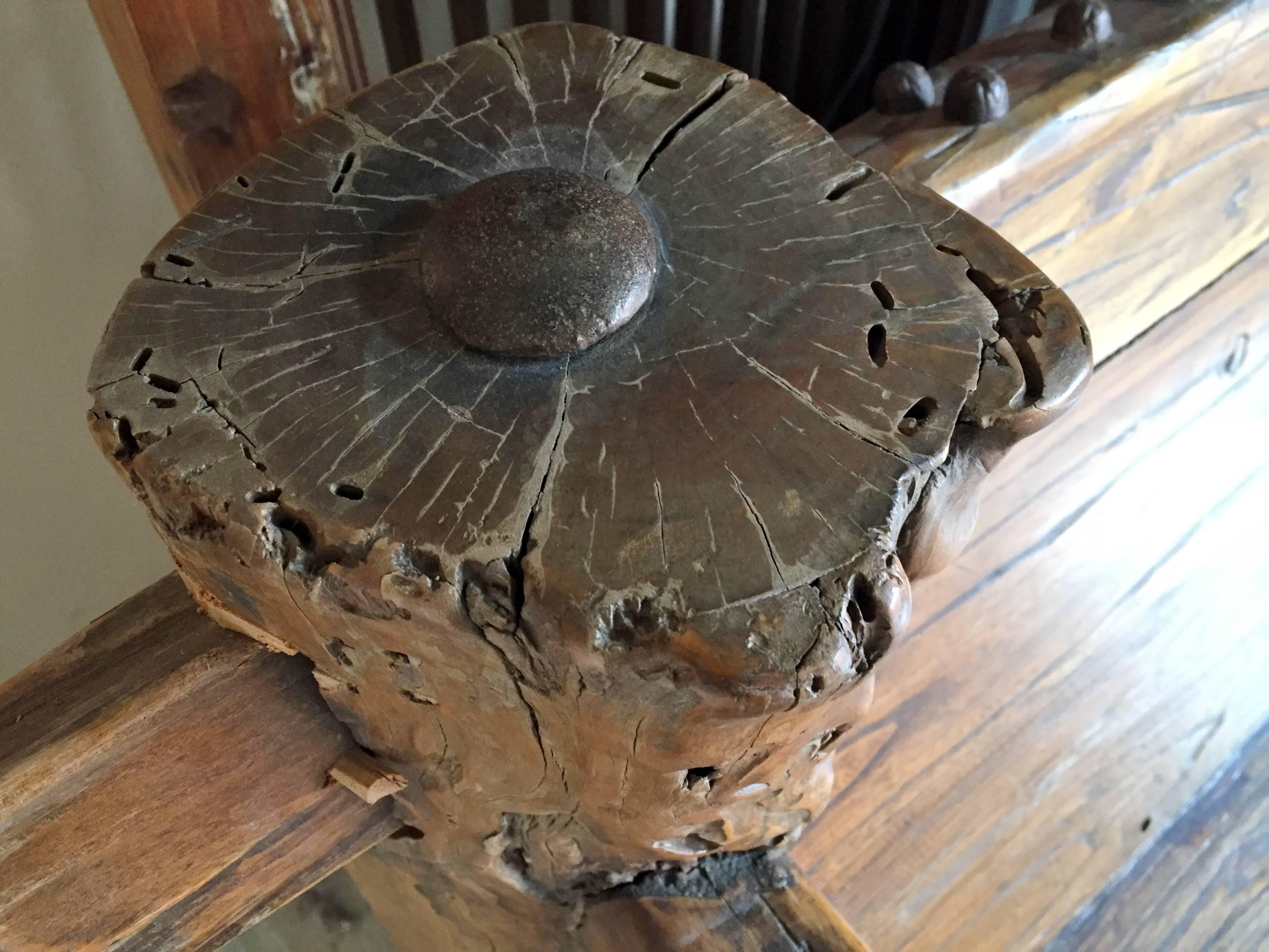 Joinery Rustic Log Bench with Iron Studs, Antique Solid Wood, Substantial