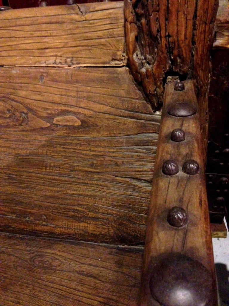 Rustic Log Bench with Iron Studs, Antique Solid Wood 