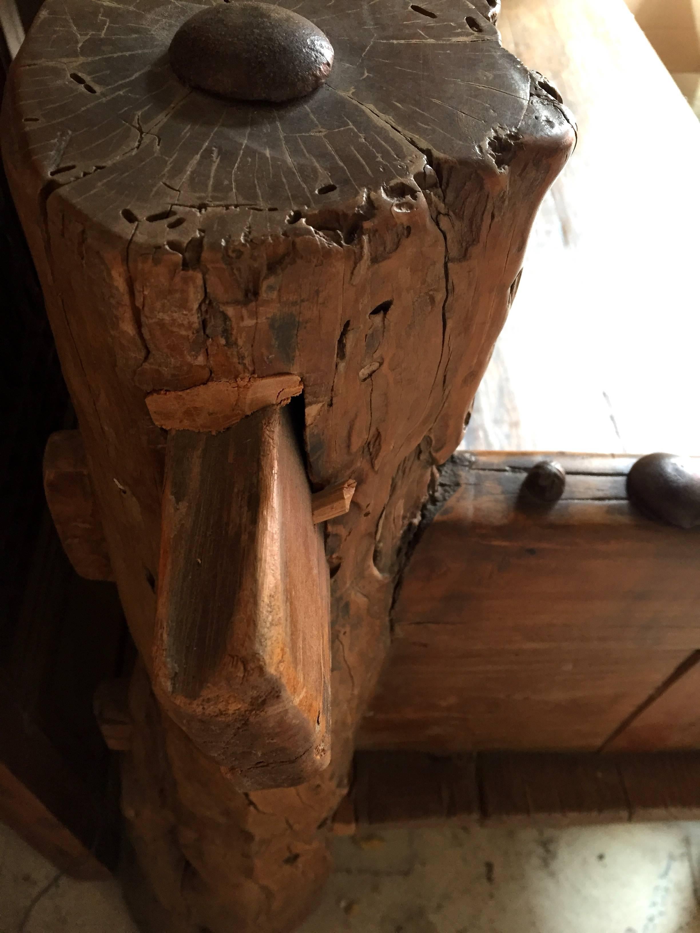 19th Century Rustic Log Bench with Iron Studs, Antique Solid Wood, Substantial