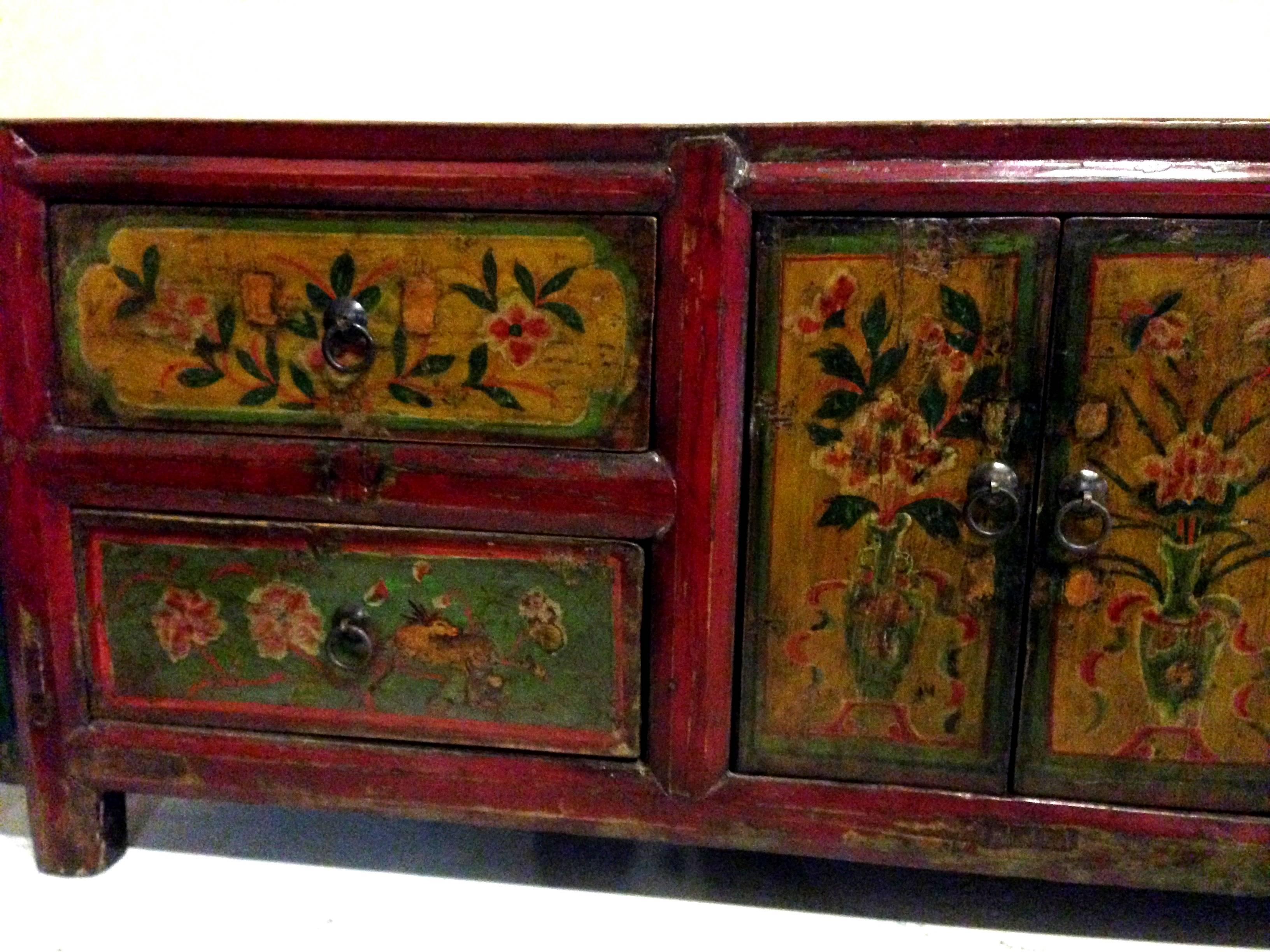 Antique Tribal Chest, Painted with Cranes and Deer In Good Condition In Somis, CA