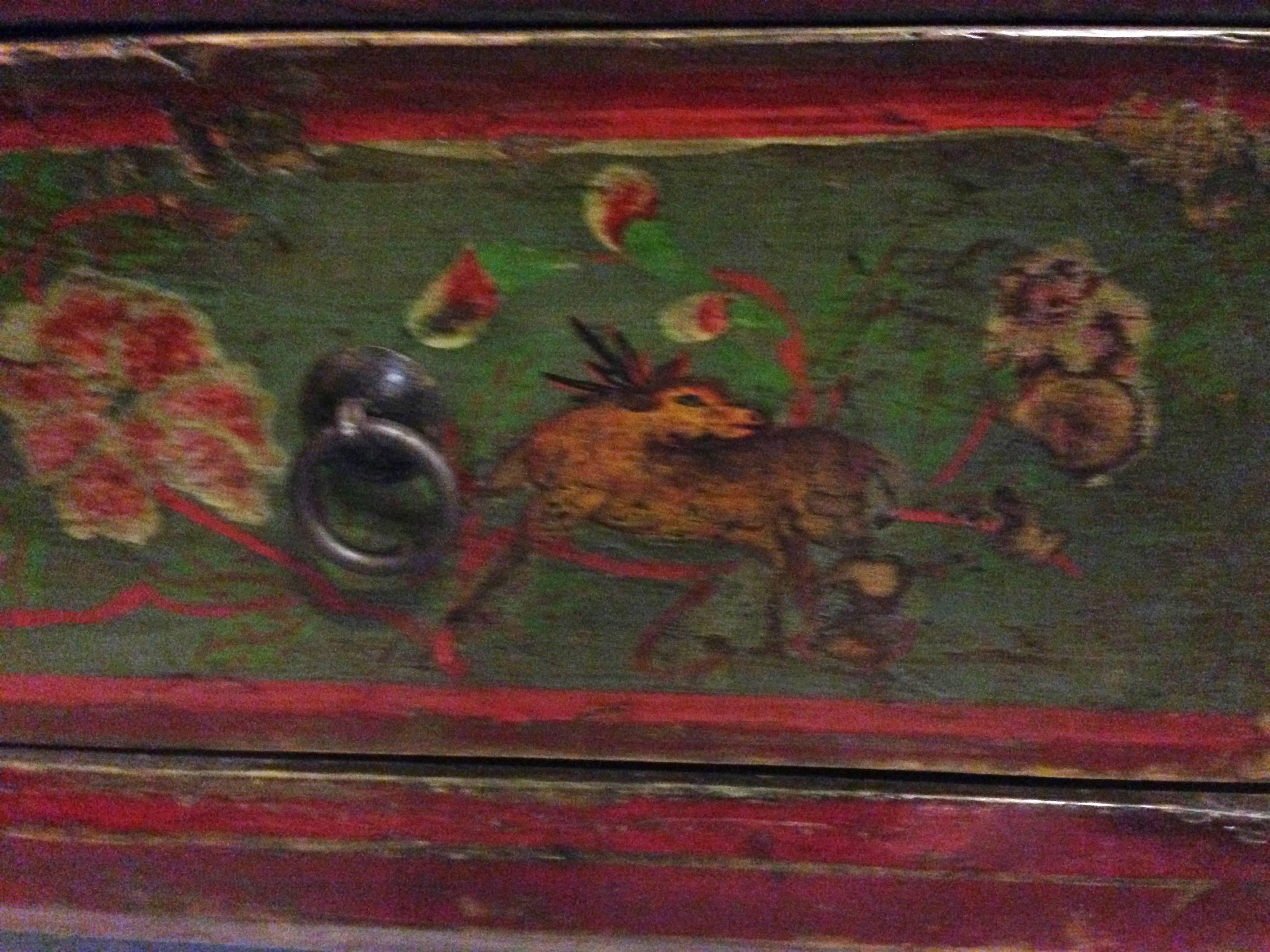 Antique Tribal Chest, Painted with Cranes and Deer 2